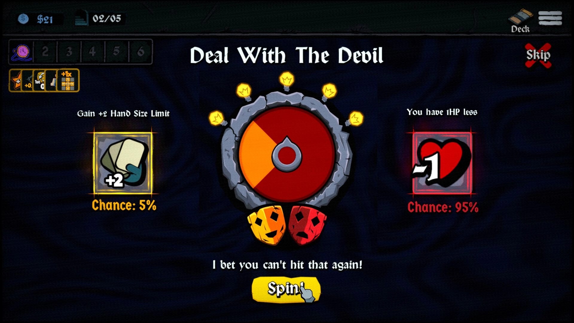 Litany: Deal With The Devil roulette event offering +2 hand size or -1 HP with spin button UI.