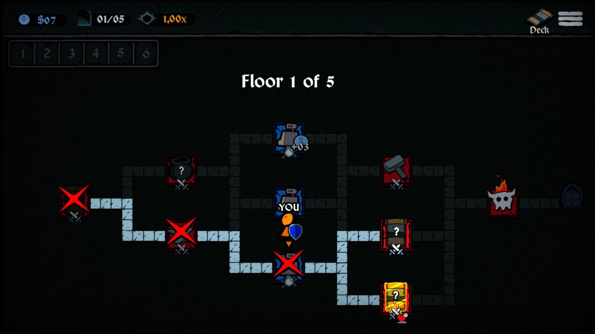 Litany: Dungeon floor map with YOU marker and branching nodes for fights, chests, and boss icons.