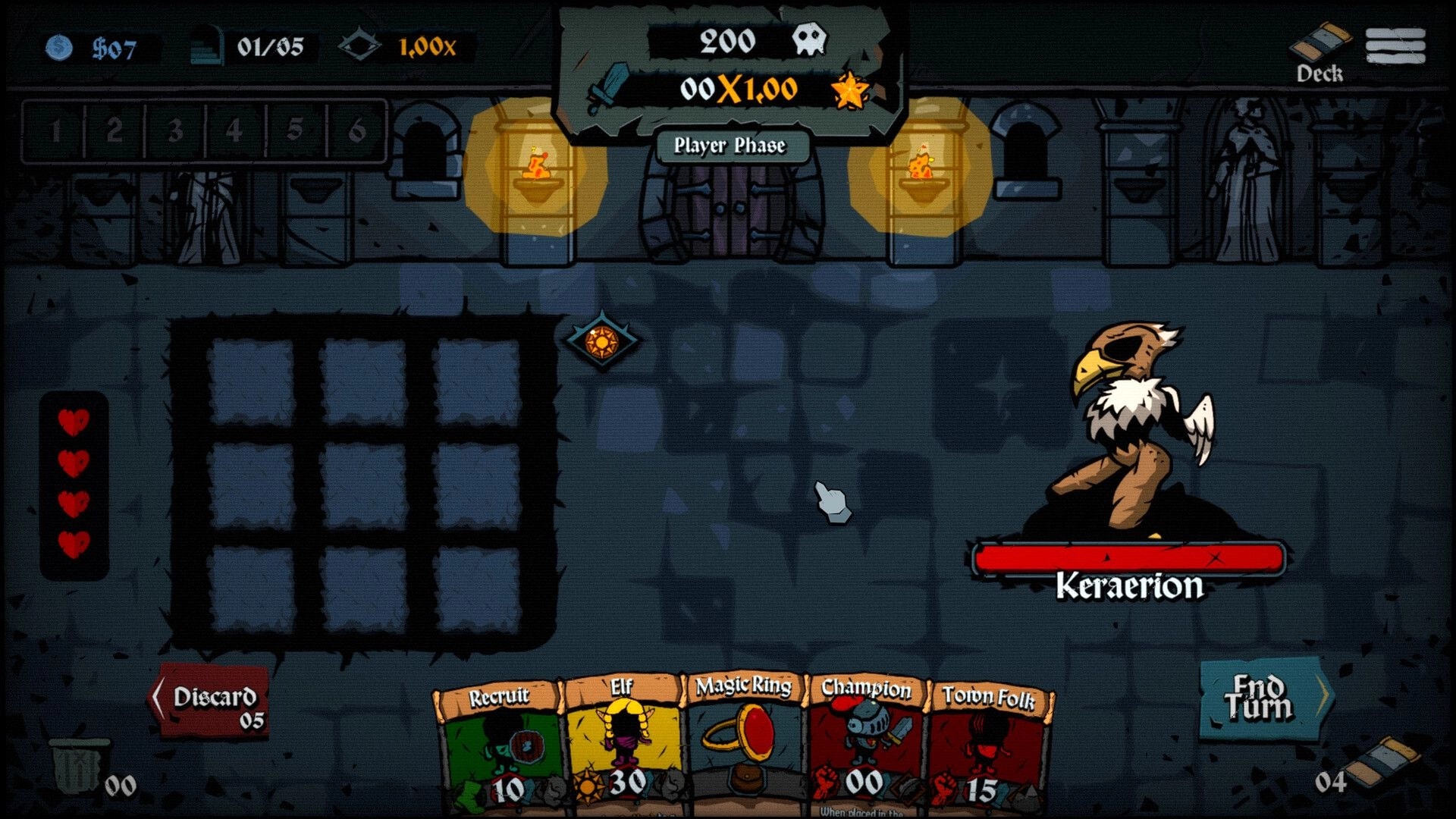 Litany: Player phase battle UI facing Kerxarion with hand of cards and End Turn in dungeon hall.