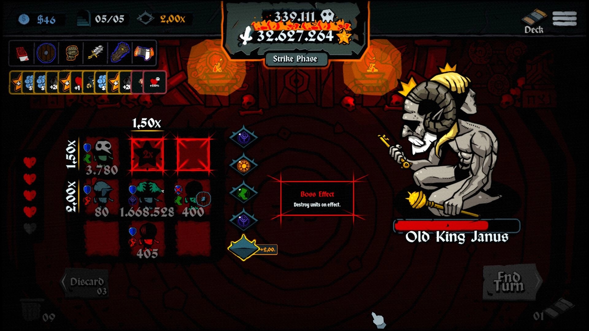 Litany: Strike Phase boss fight vs Old King Jamus with card row and unit grid in dark temple UI.