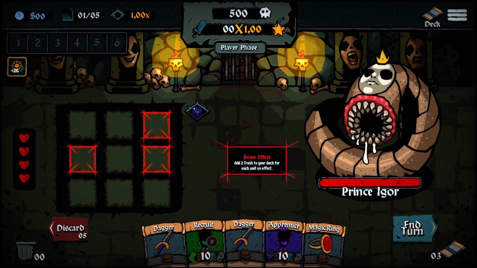Litany: Player phase battle UI facing Prince Igor in a skull-lit dungeon with hand of cards and End Turn.