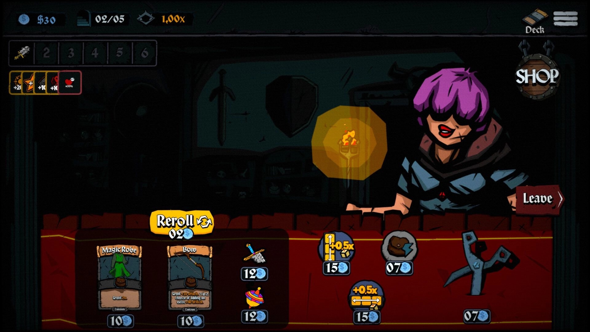 Litany: Shop screen with purple-haired vendor and card offers with reroll and leave buttons UI.