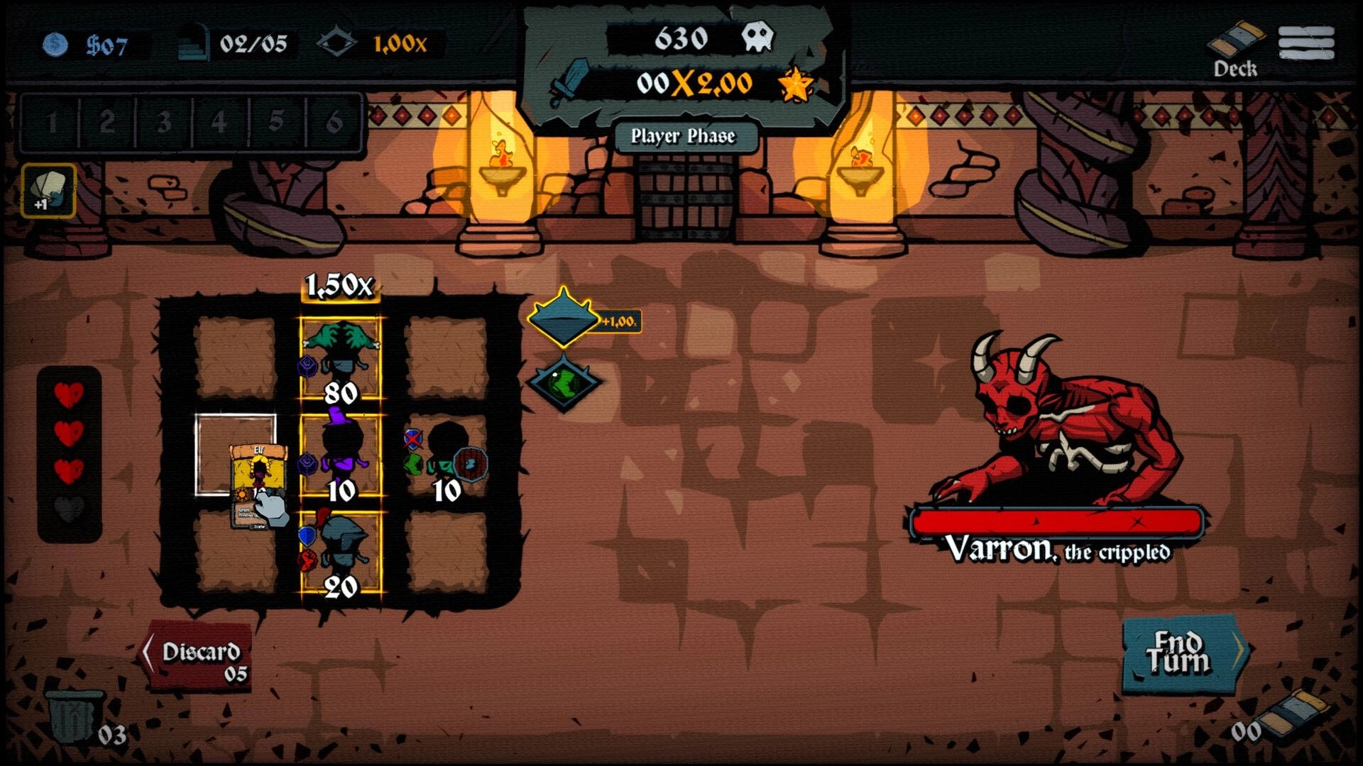 Litany: Player phase battle grid vs Varron the crippled in torchlit dungeon with End Turn UI.