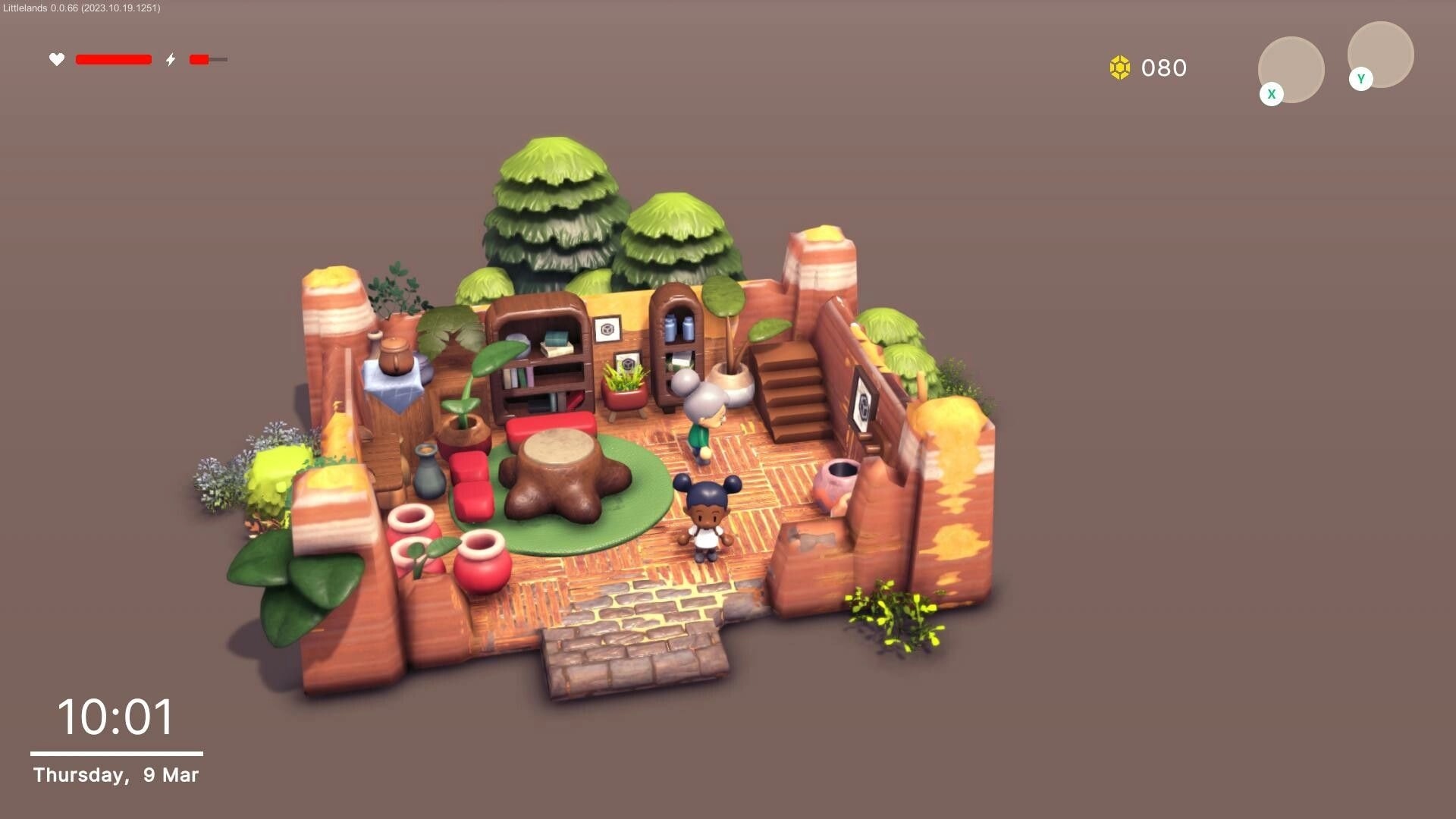 Littlelands: Two villagers stand in a cozy canyon home with sofa, bookcase, stairs, and HUD bars.