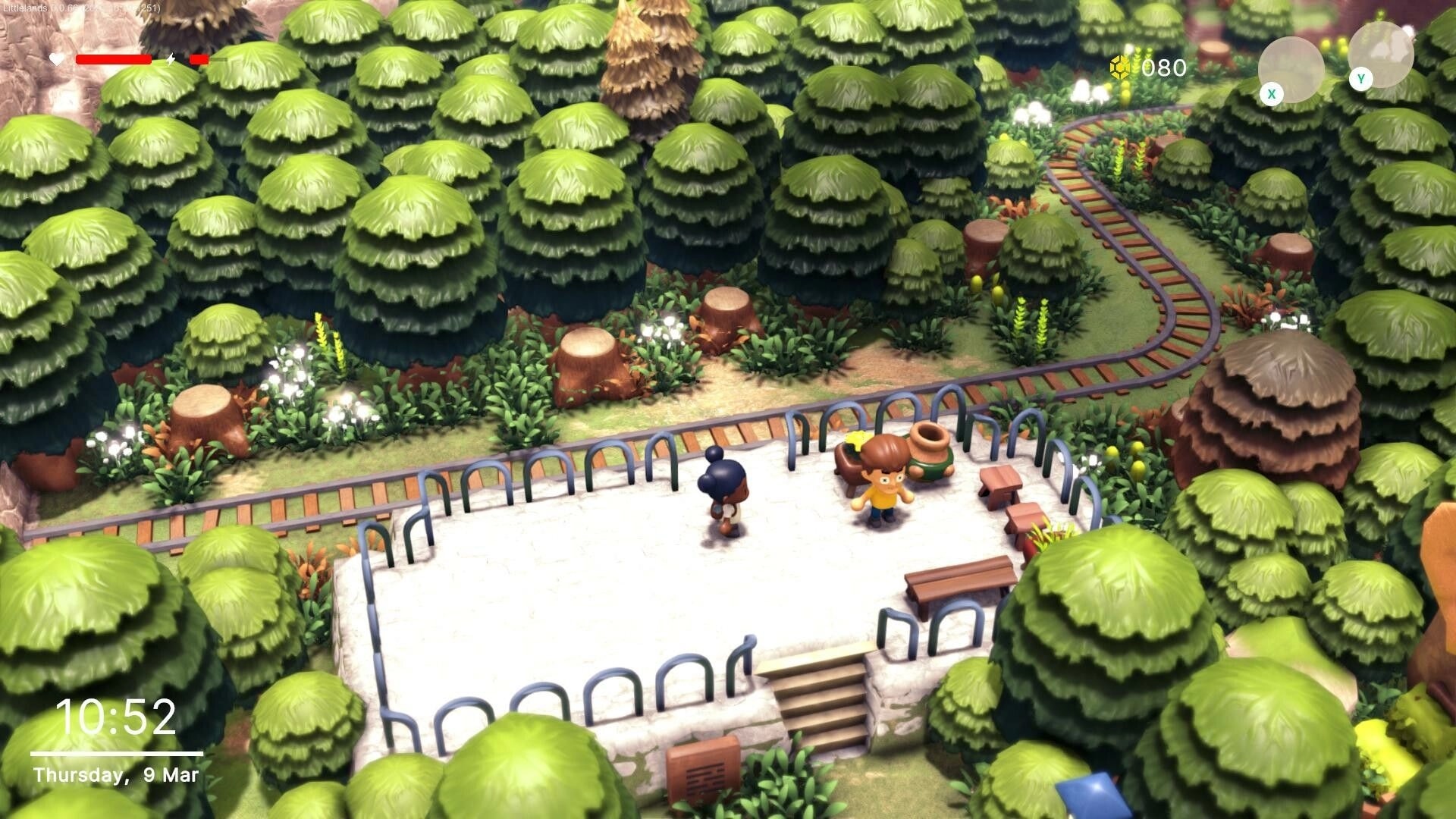 Littlelands: Two characters idle on a lookout platform by rail tracks in a dense forest, UI visible.