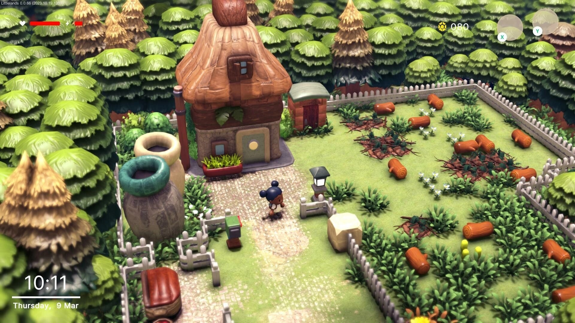 Littlelands: Player walks past a cottage and fenced garden with logs; HUD shows hearts, time, coins.
