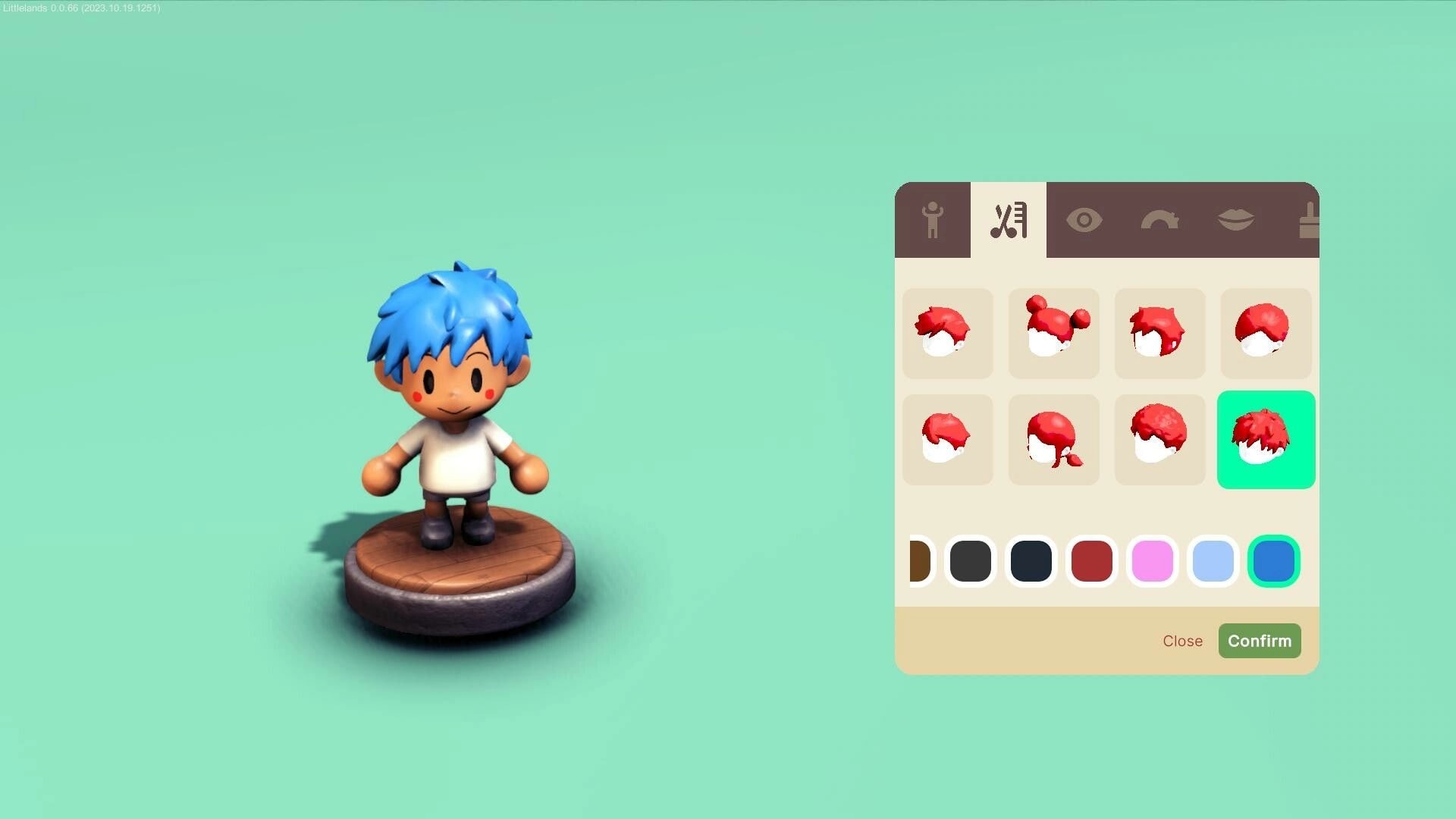 Littlelands: Character customization menu selecting hairstyles and colors beside a chibi avatar on pedestal.