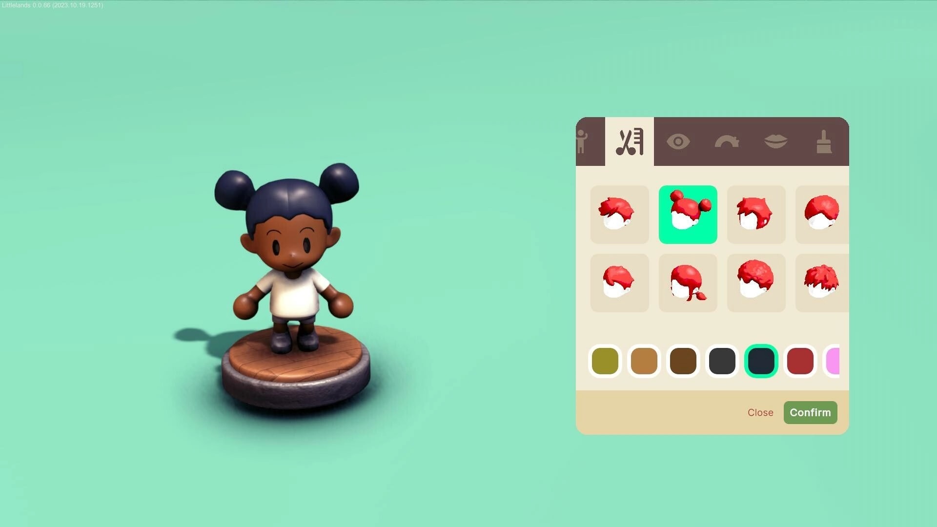 Littlelands: Character customization with child avatar on pedestal and hairstyle palette menu on right.