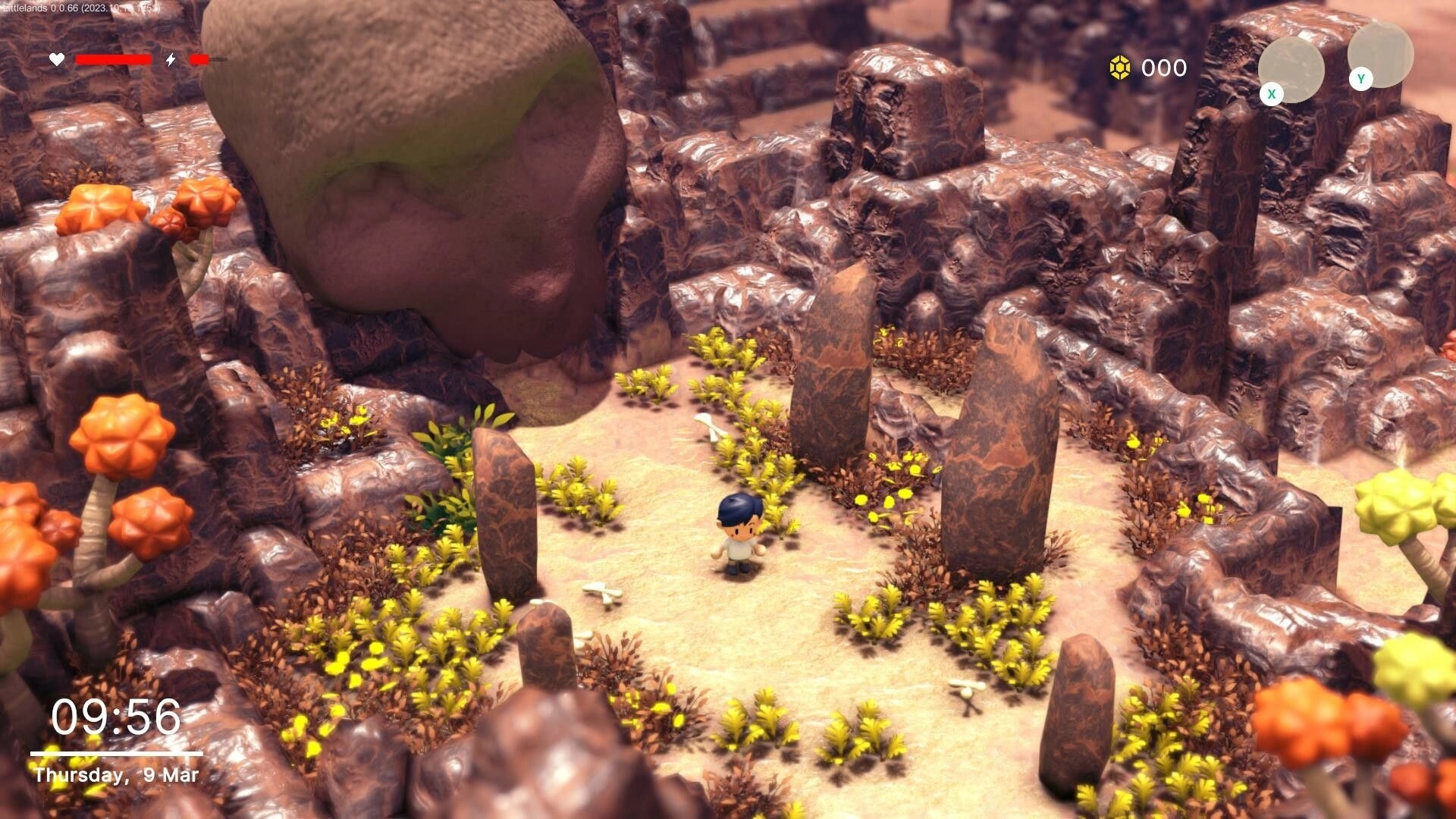 Littlelands: Player character stands among stone pillars in rocky canyon clearing with HUD bars and coins 000.