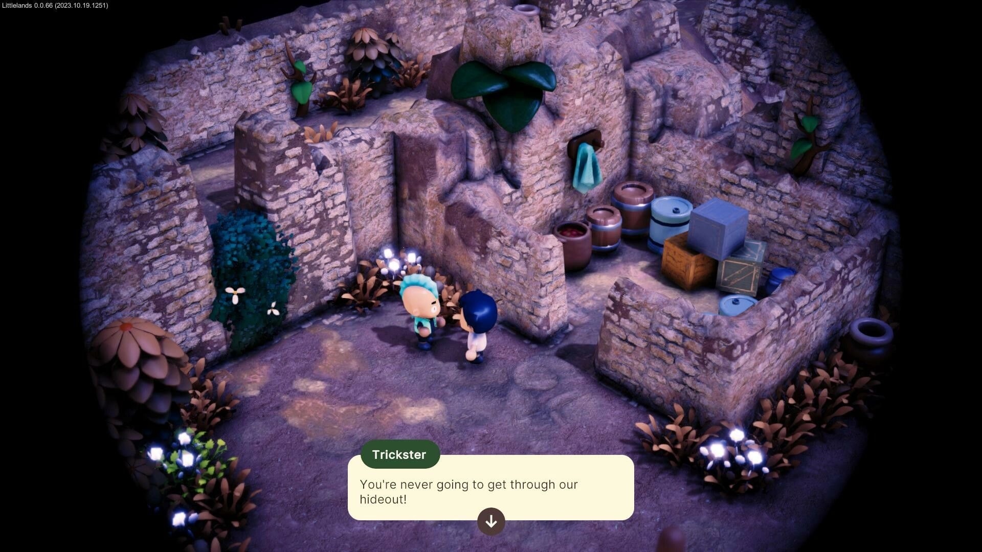 Littlelands: Dialogue with Trickster NPC in stone ruins, barrels and crates stacked in corner.