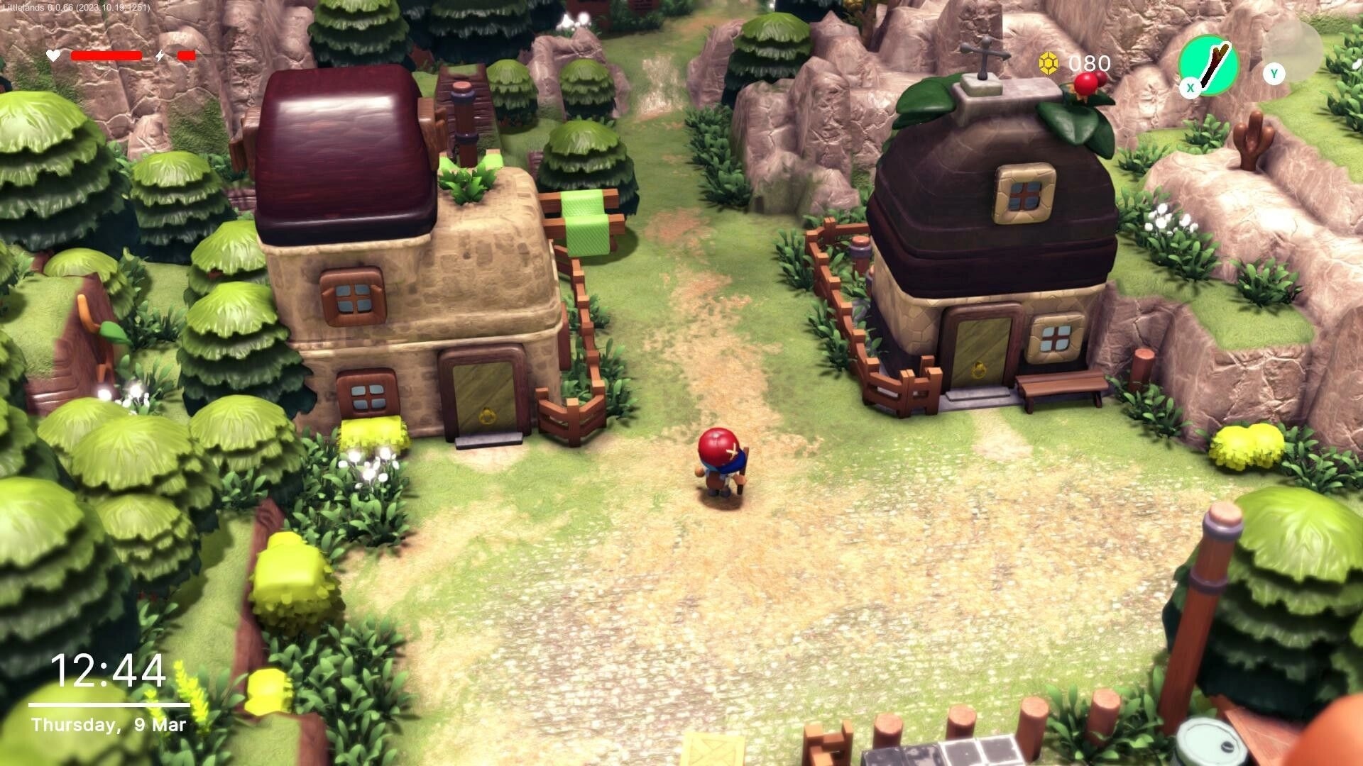 Littlelands: Player stands between two houses with HUD hearts, coins, and time in a forest village.
