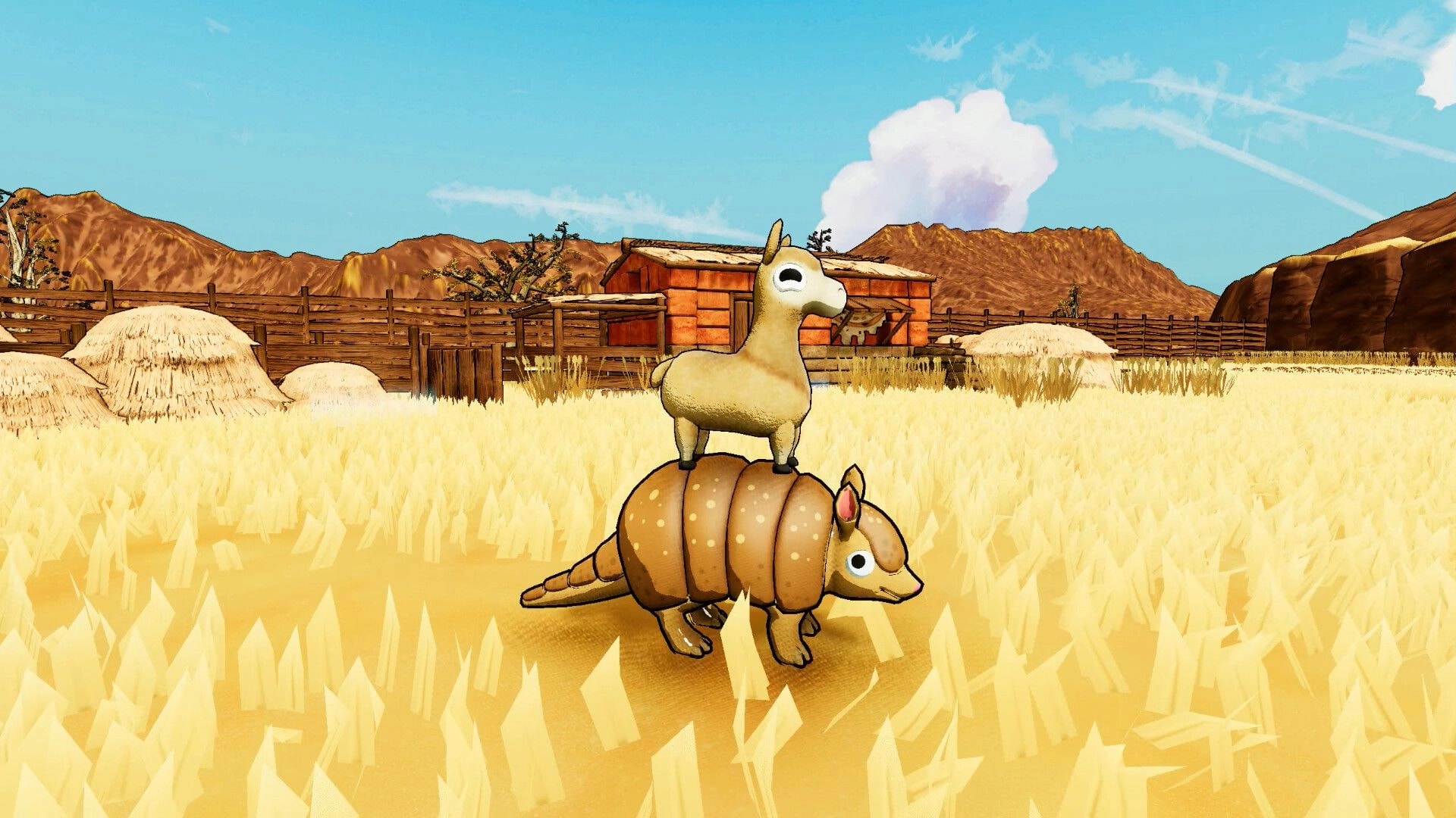 Llamalandia: Llama riding armadillo in open field near wooden fence and barn under clear blue sky