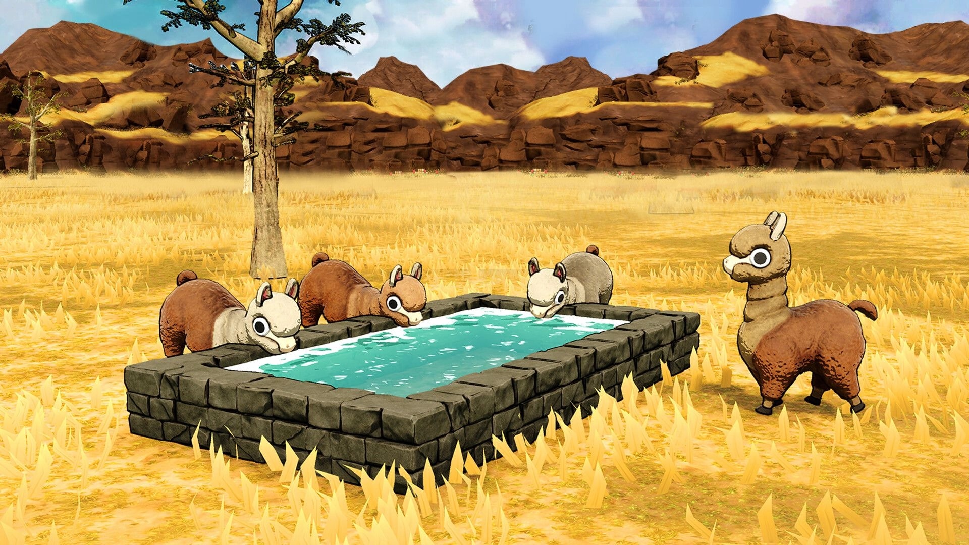 Llamalandia: Baby llamas drinking from a stone water trough in a sunlit, grassy field with mountains