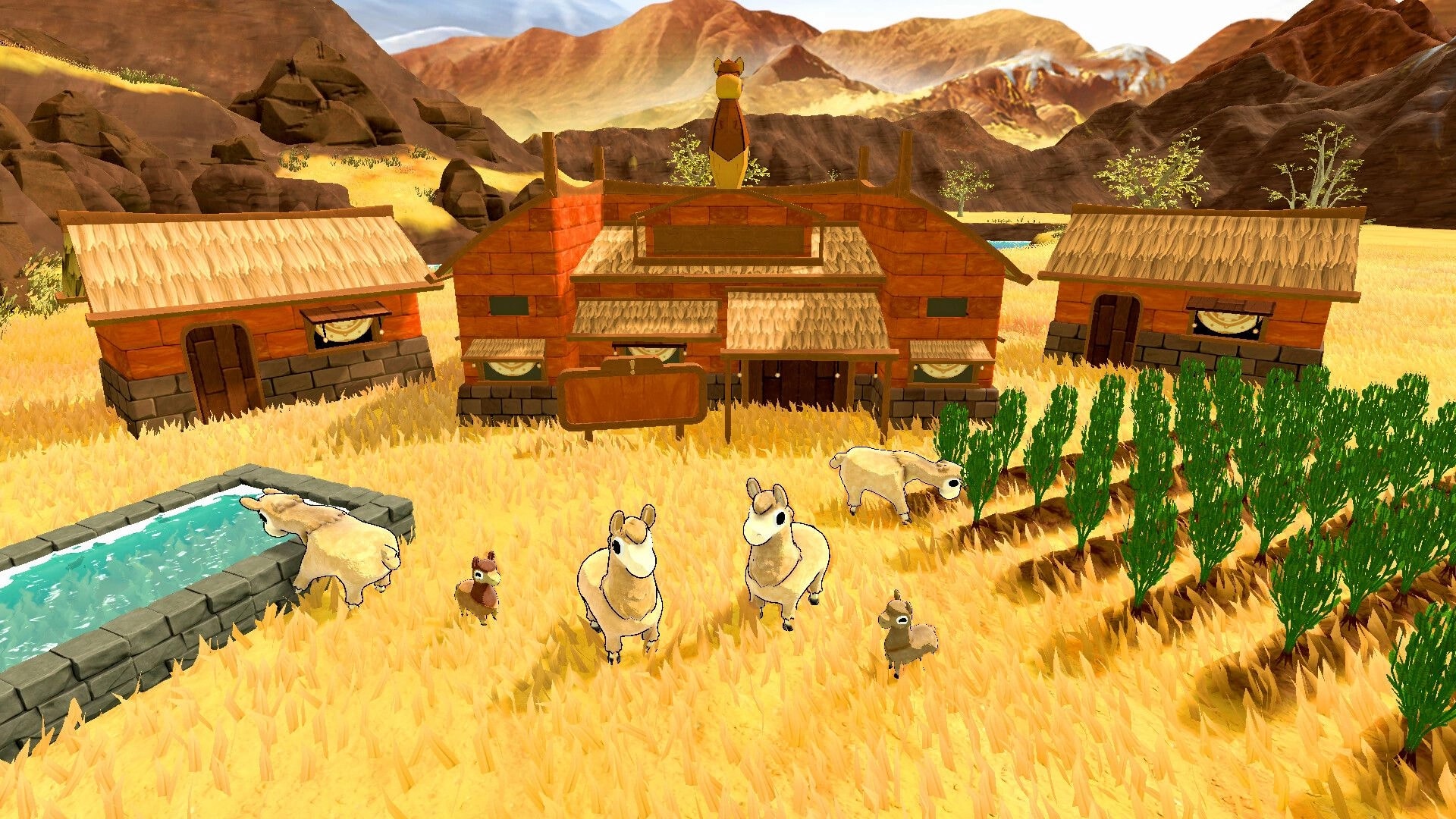 Llamalandia: Llamas grazing near wooden barns and crops in a sunlit valley surrounded by mountains