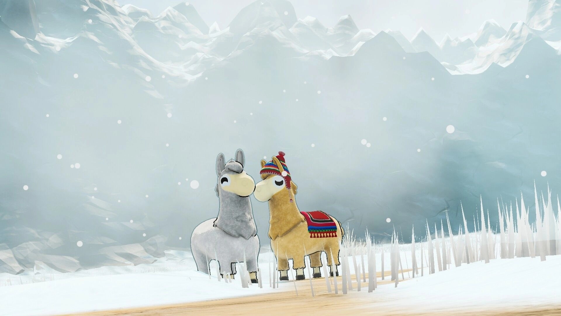 Llamalandia: Two llamas nuzzling in a snowy mountain landscape with gently falling snowflakes.