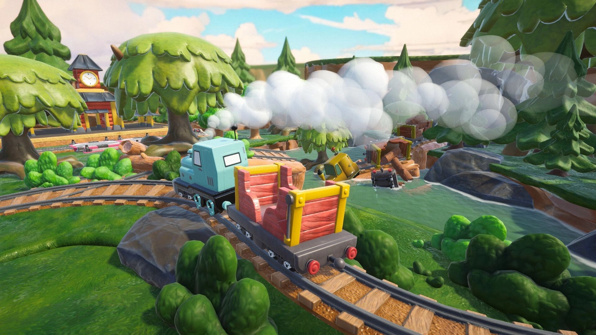 Locomochi: Blue locomotive pulls empty wagons past a smoky crash site in a forest rail yard.