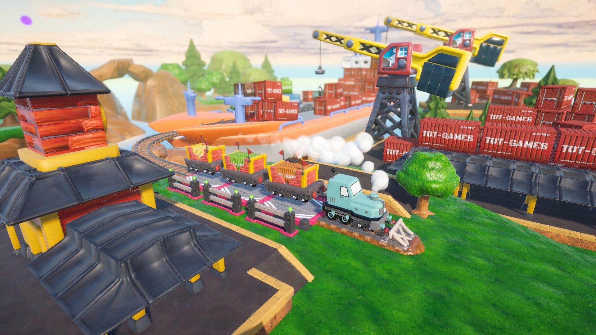 Locomochi: Blue toy locomotive hauls colorful wagons past cranes and stacked containers at a dockyard.
