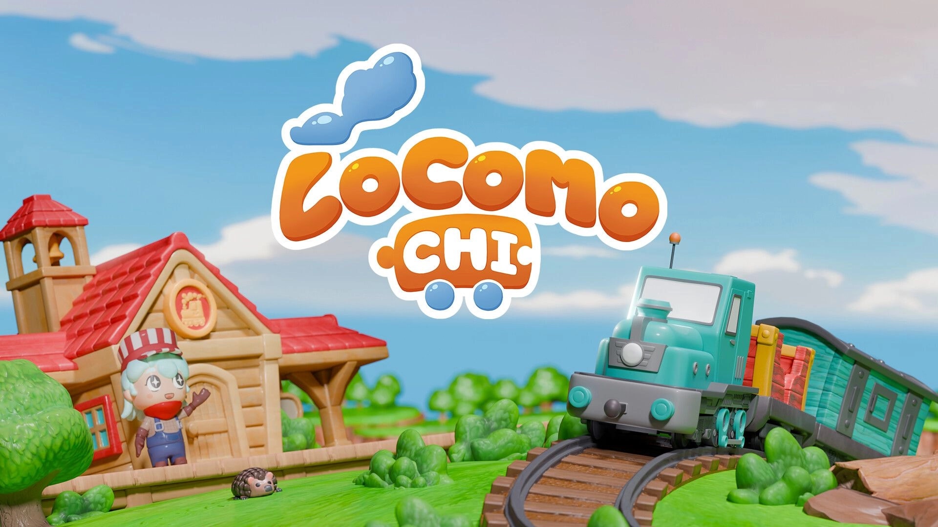 Locomochi: Title logo above toy train on tracks by a red-roof station and waving doll character.