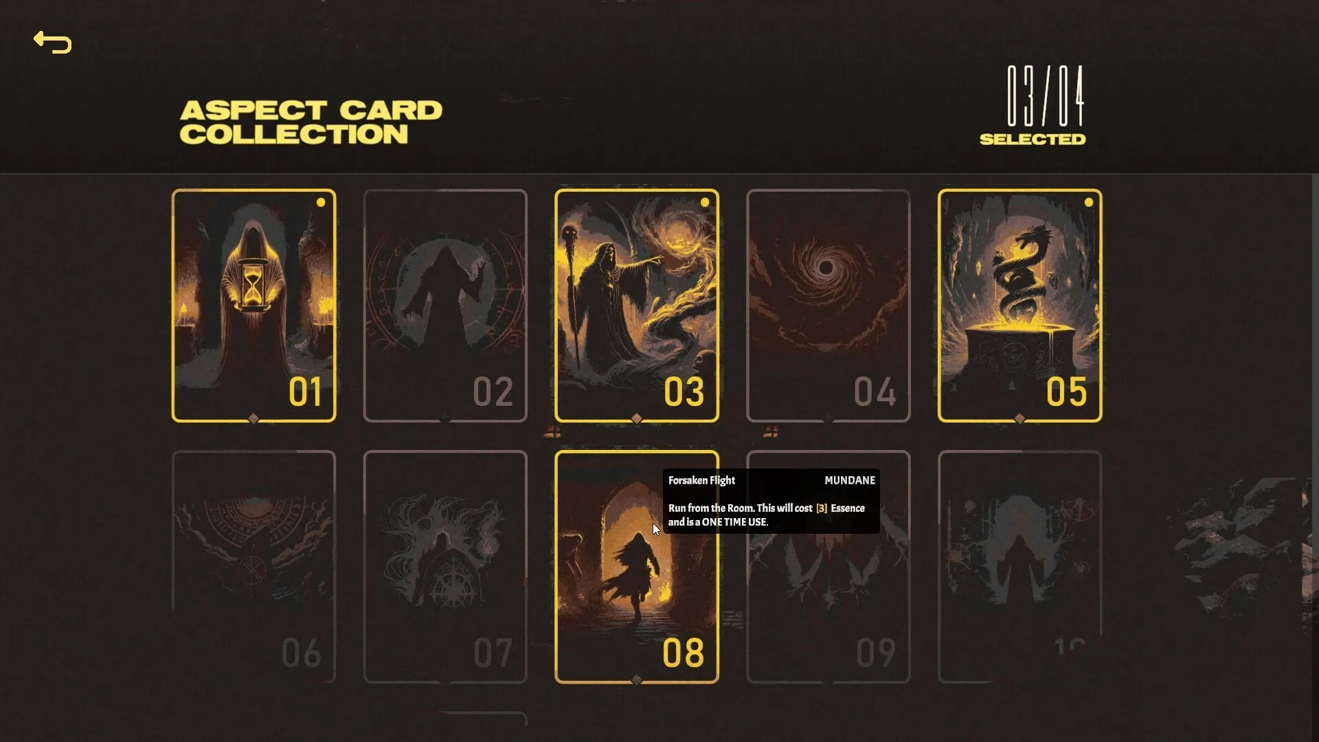 LOST ALTR: Aspect card collection menu with various cards displayed, including Forsaken Flight card.