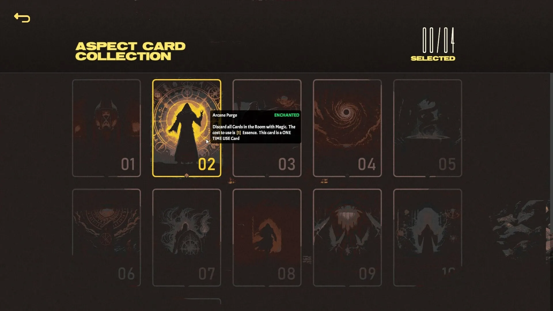 LOST ALTR: Aspect card collection screen with Arcane Purge card highlighted and description visible