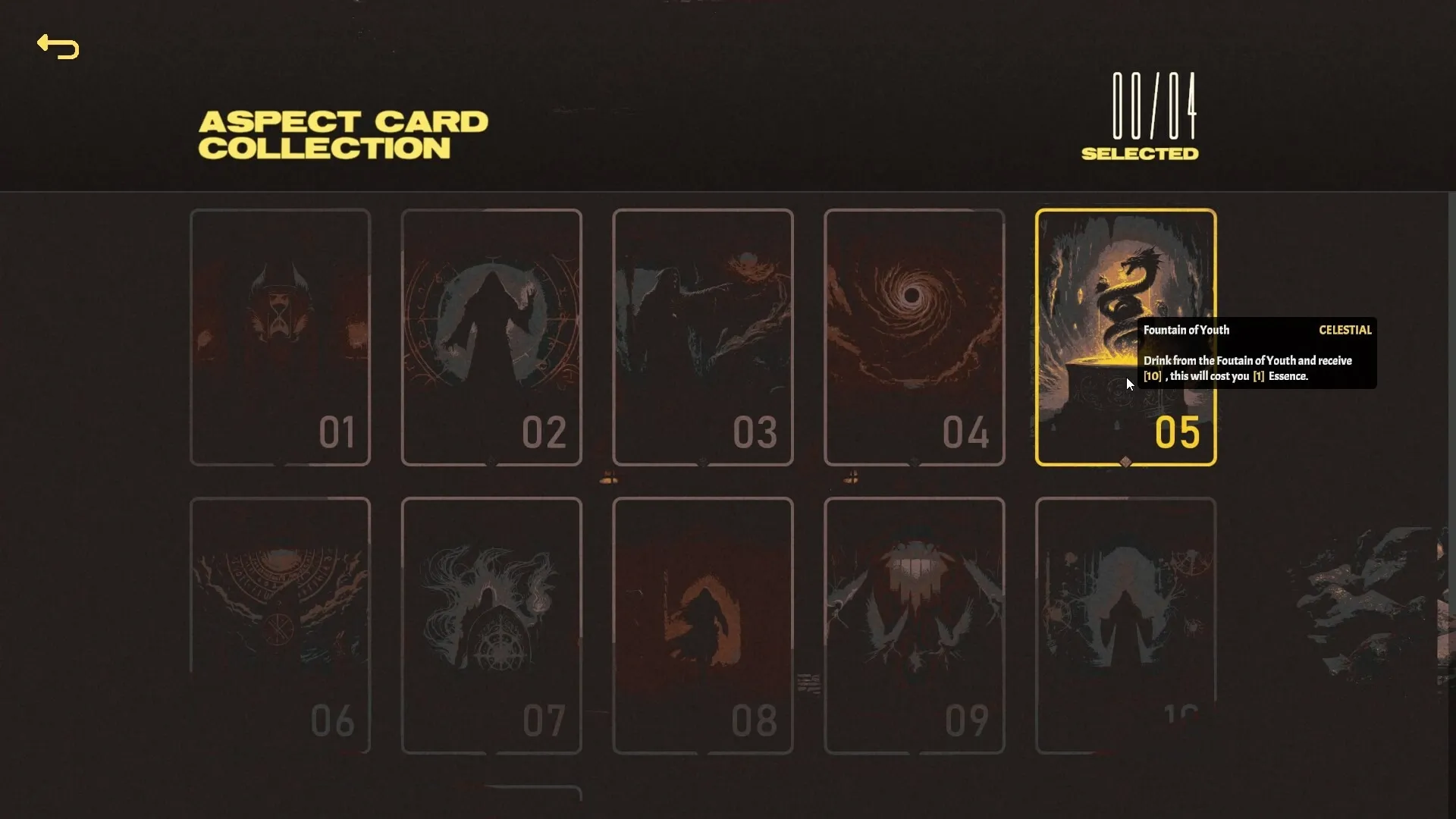 LOST ALTR: Aspect card collection screen with "Fountain of Youth" card highlighted and tooltip visible