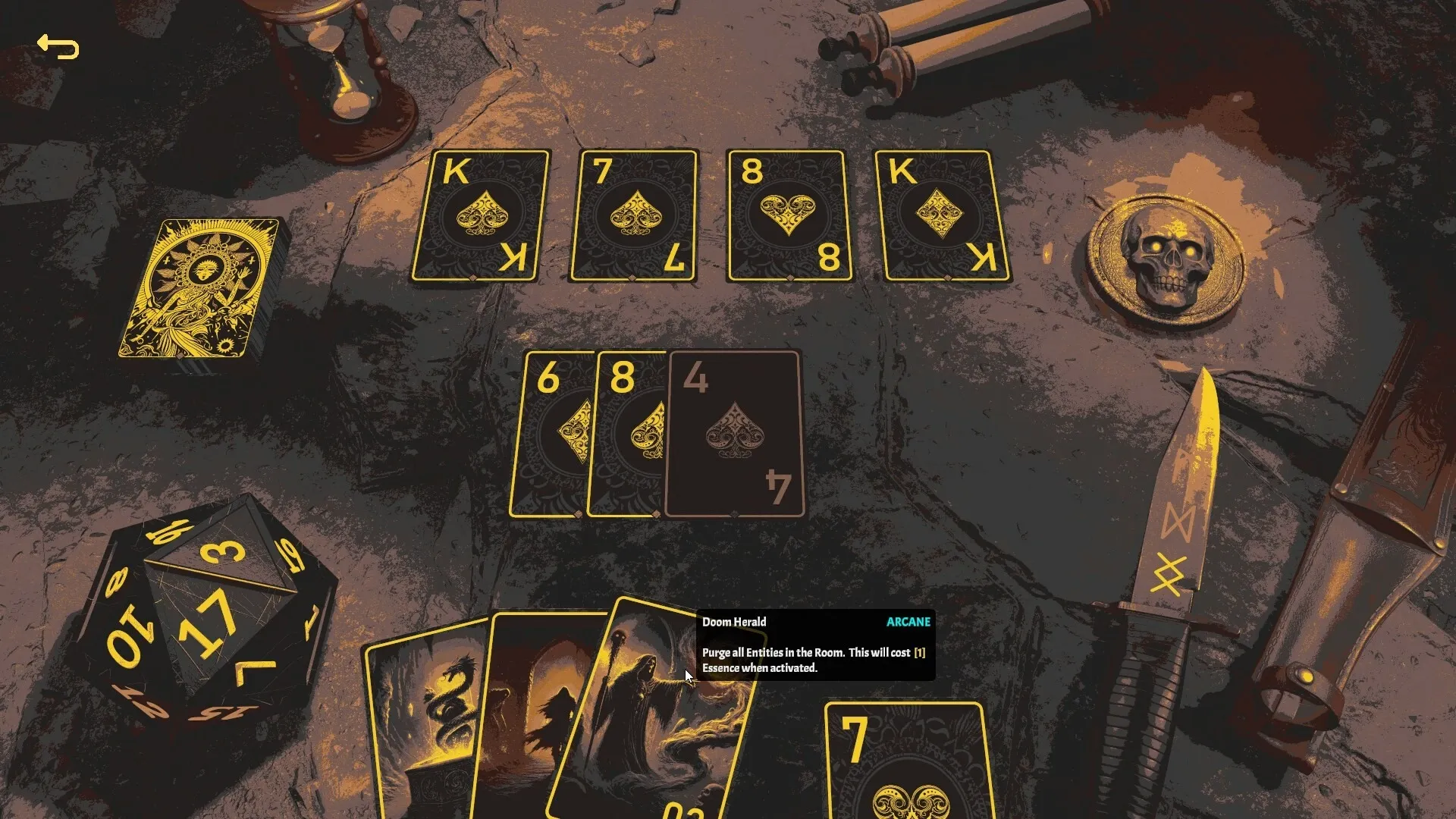 LOST ALTR: Card battle on stone floor with dice, skull token, knives, and an hourglass in view