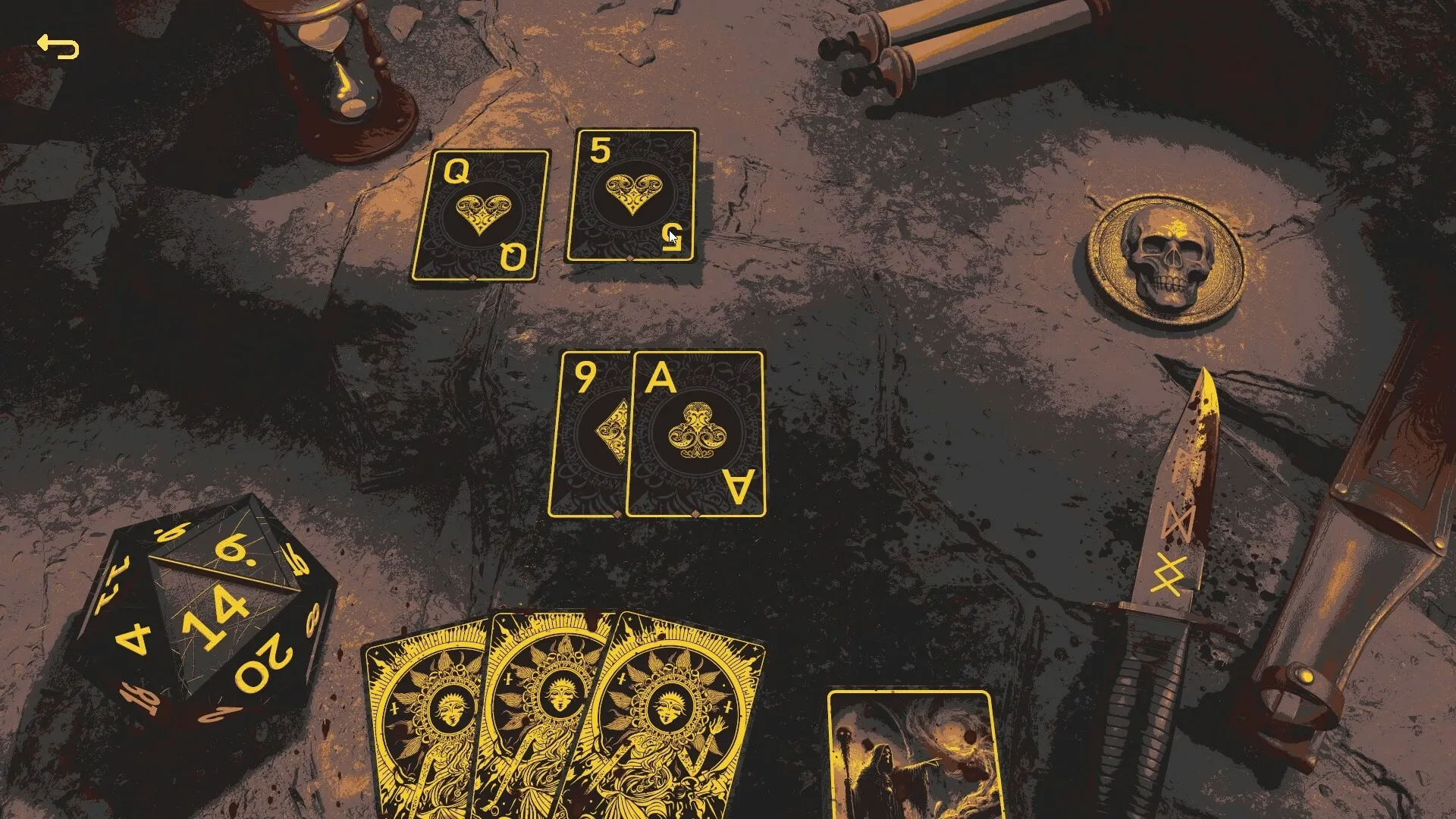 LOST ALTR: Card battle setup with dice and knife on ancient stone table in dimly lit ruins