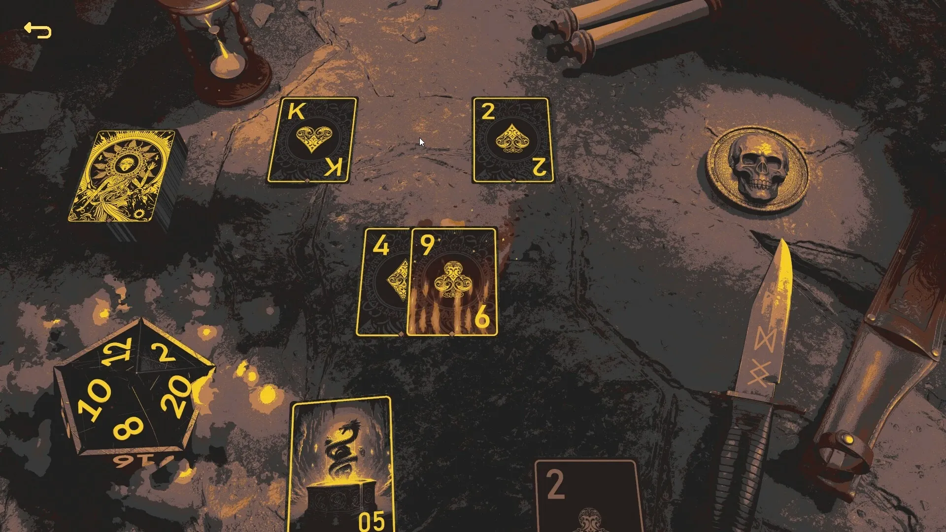 LOST ALTR: Tarot-style cards and dice on ancient stone table with knife and skull medallion nearby