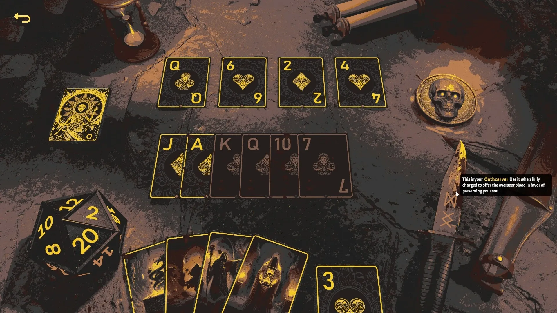 LOST ALTR: Card game interface with dice, cards, skull token, and knife on a textured stone table.