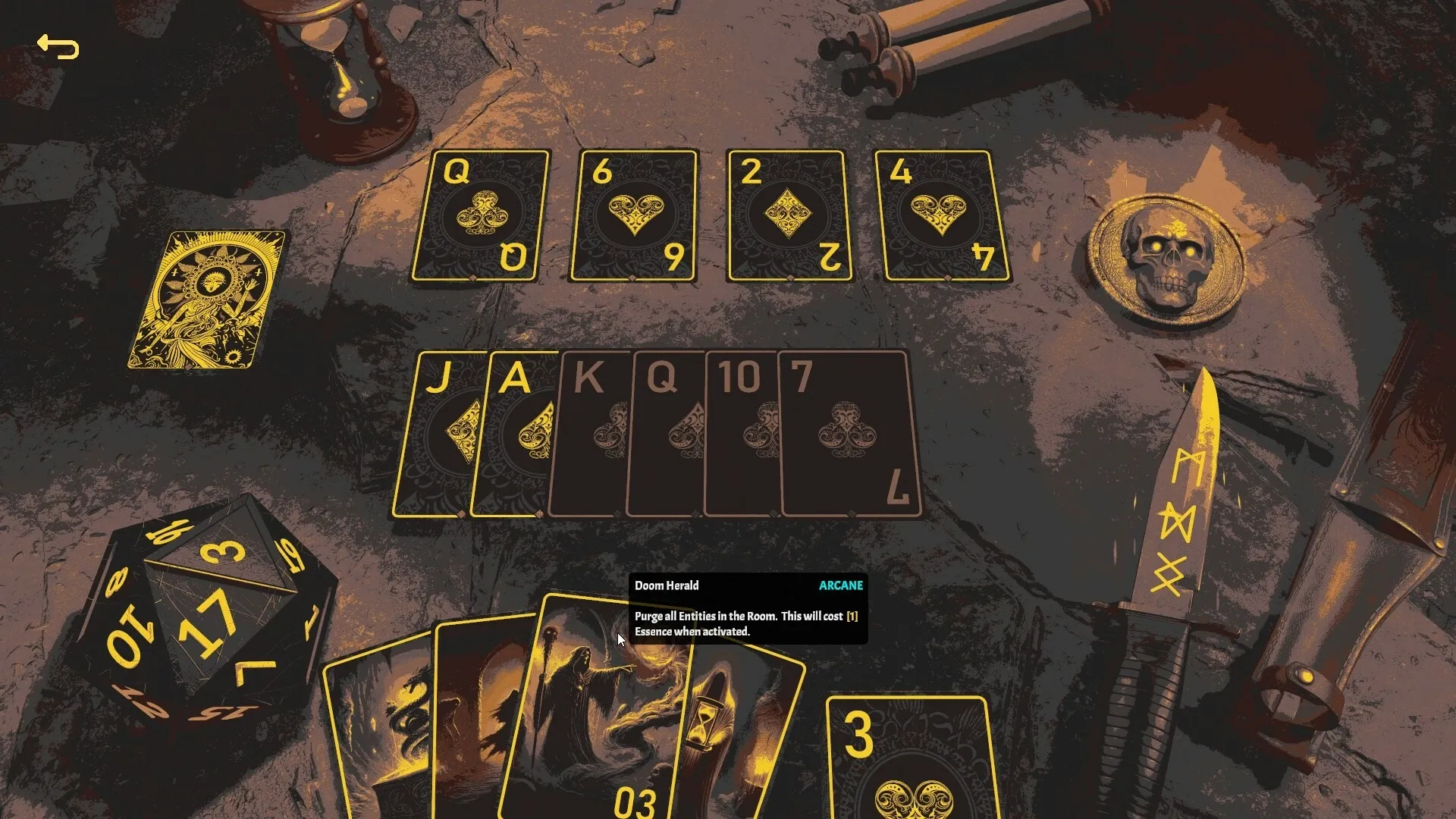 LOST ALTR: Card battle with Doom Herald ability, dice, and artifacts on ancient stone table