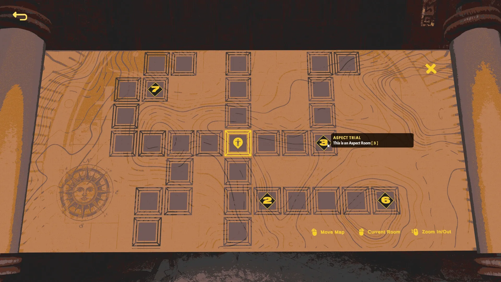 LOST ALTR: Map overview with highlighted Aspect Trial room and navigation options in ancient scroll style