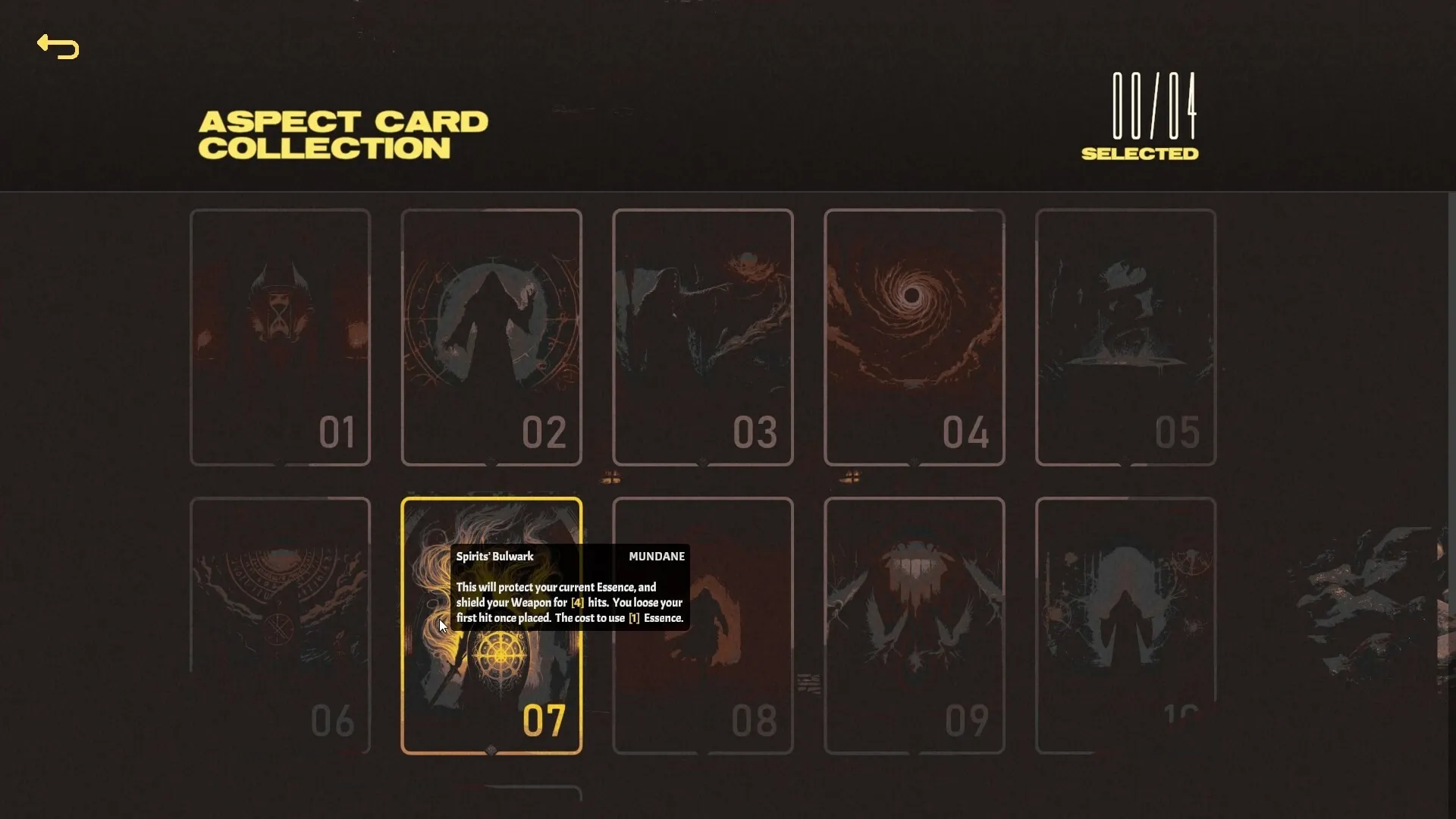 LOST ALTR: Aspect card collection interface displaying Spirits' Bulwark card with detailed tooltip