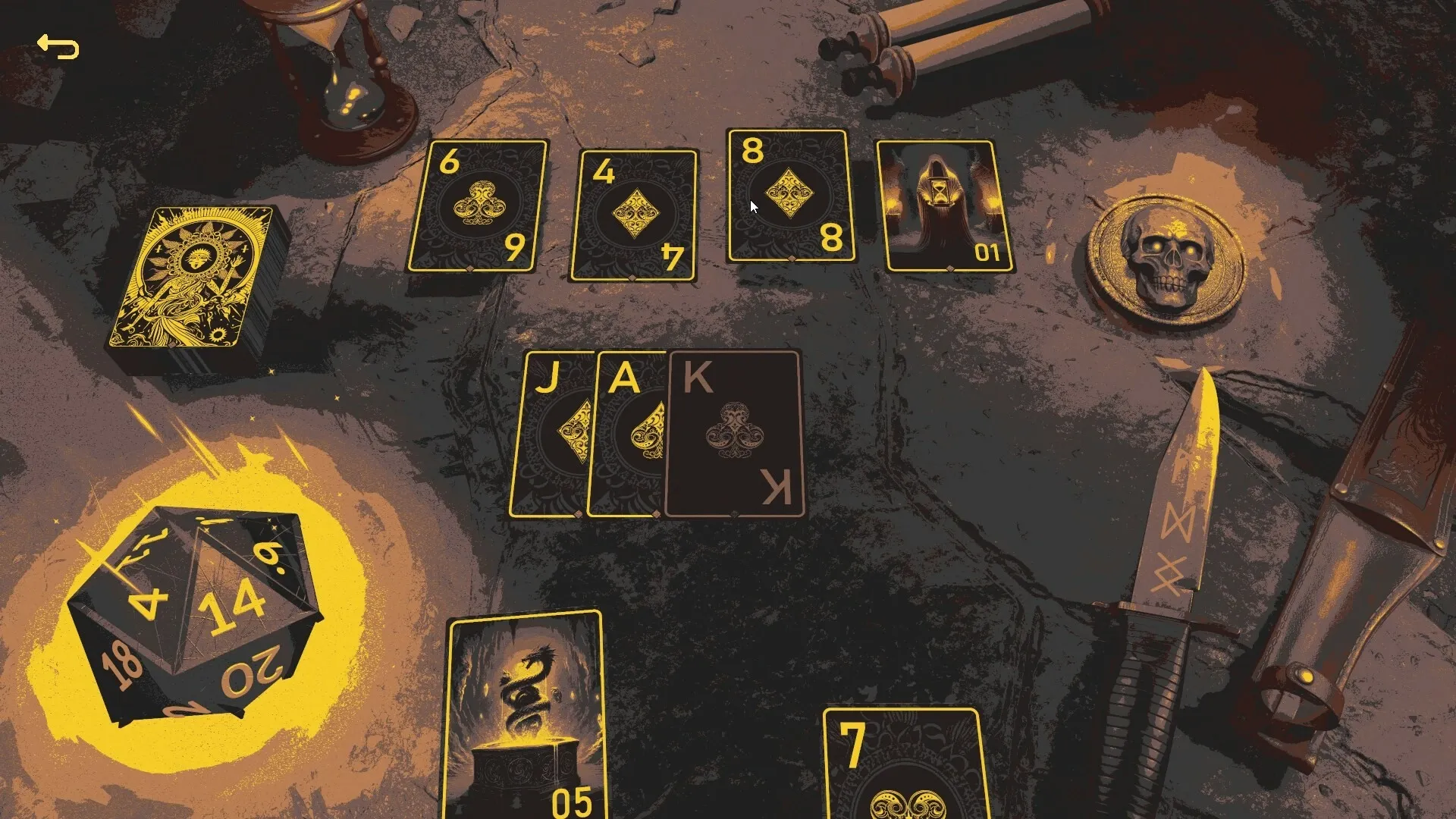 LOST ALTR: Card battle interface with dice roll and various cards on a stone table, knife nearby