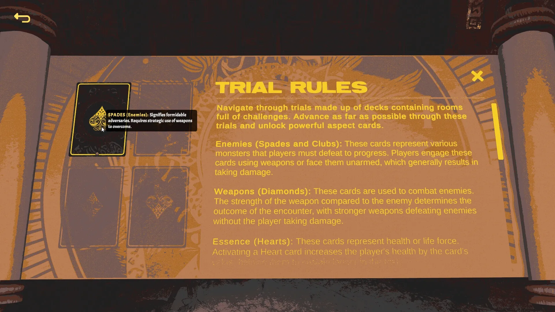 LOST ALTR: Trial rules screen with card explanation and detailed strategy guide on enemy encounters.
