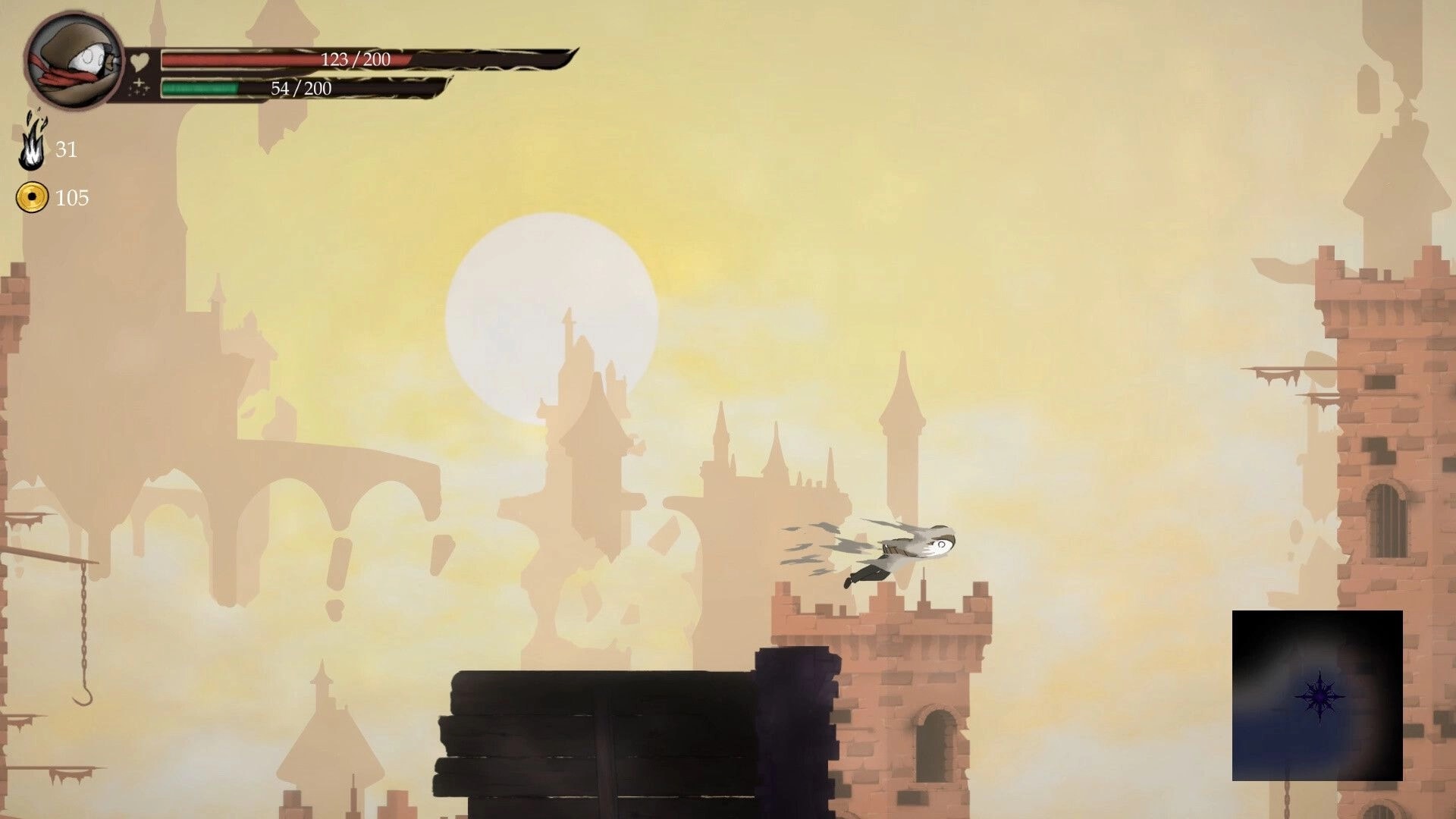 Lost Soul: Hooded character air-dashing over castle rooftops at sunset with health and stamina bars HUD.