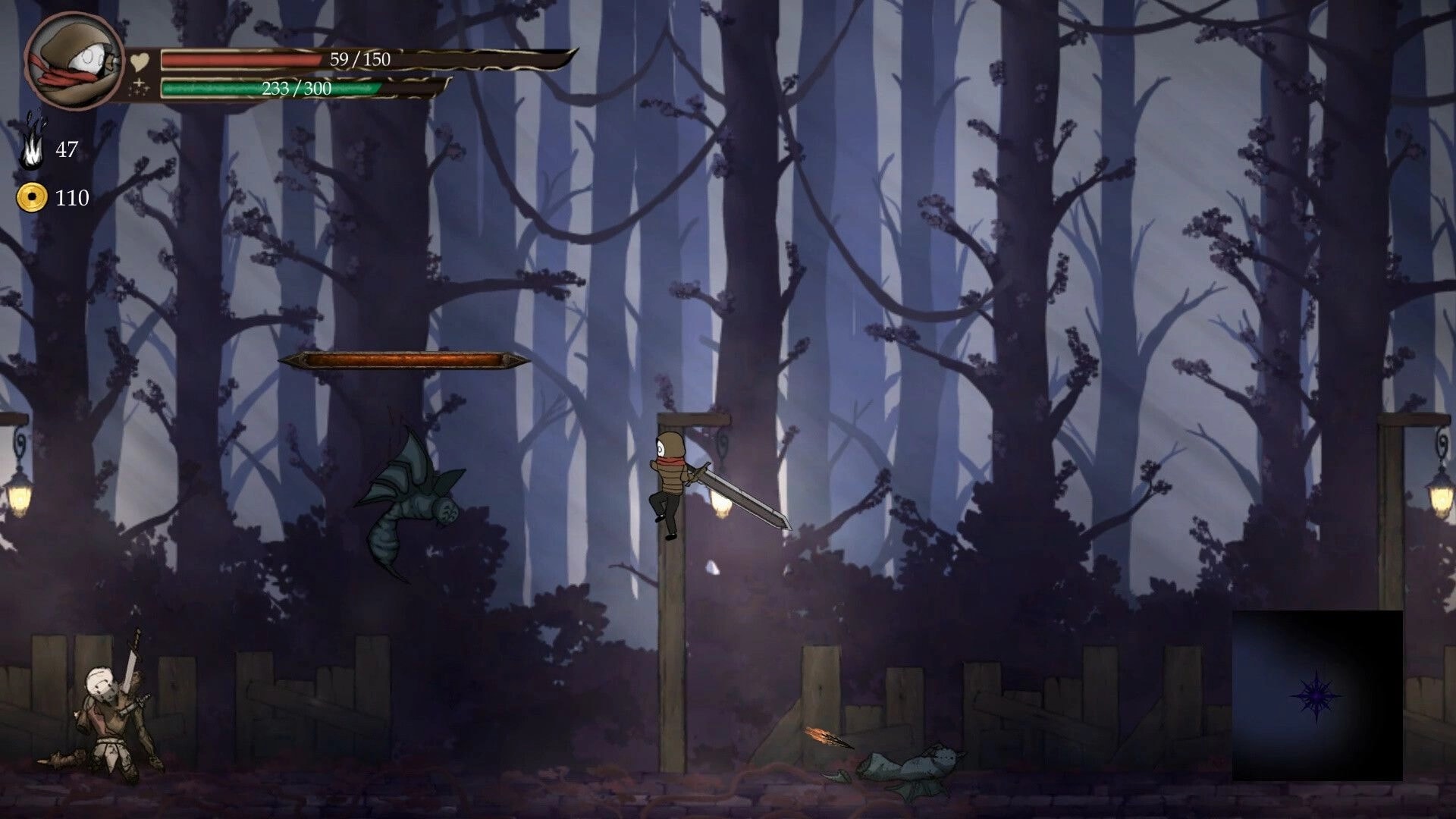 Lost Soul: Hooded swordsman jumps between platforms in a misty forest, health and mana UI visible.