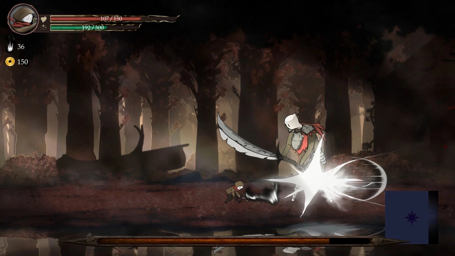 Lost Soul: Cloaked warrior swings a huge blade at a small foe in a misty forest with HUD bars.