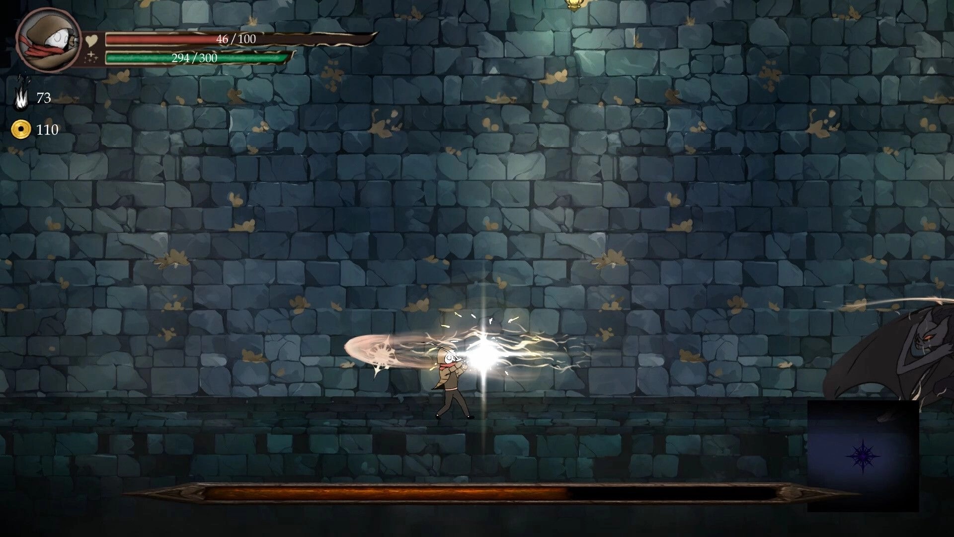 Lost Soul: Hooded fighter slashes with lightning hit effect in stone corridor, HUD health and mana bars.