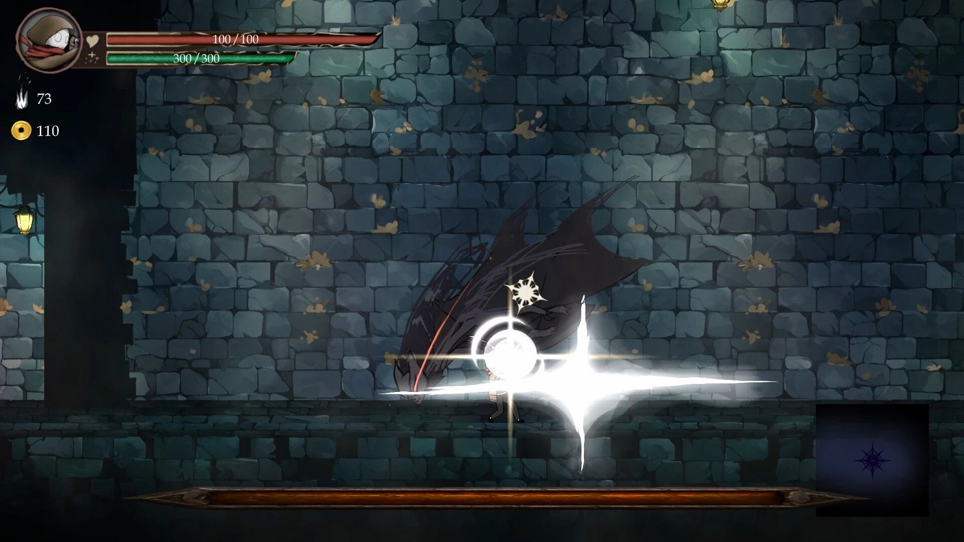 Lost Soul: Player triggers a bright slash attack in a stone corridor, HUD shows health and coins.