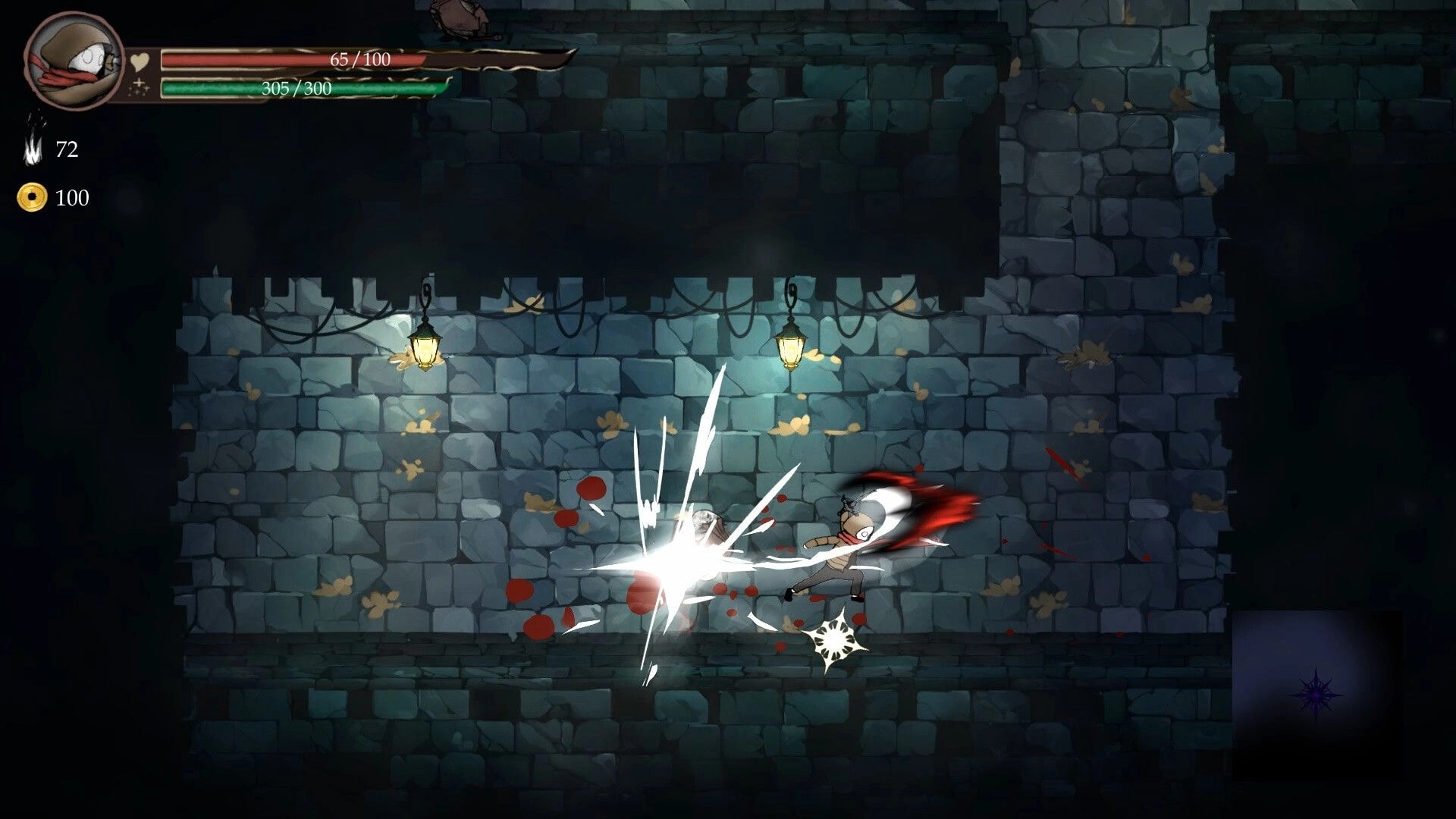 Lost Soul: Hooded fighter slashes a foe with blood effects in a torchlit stone corridor HUD visible.