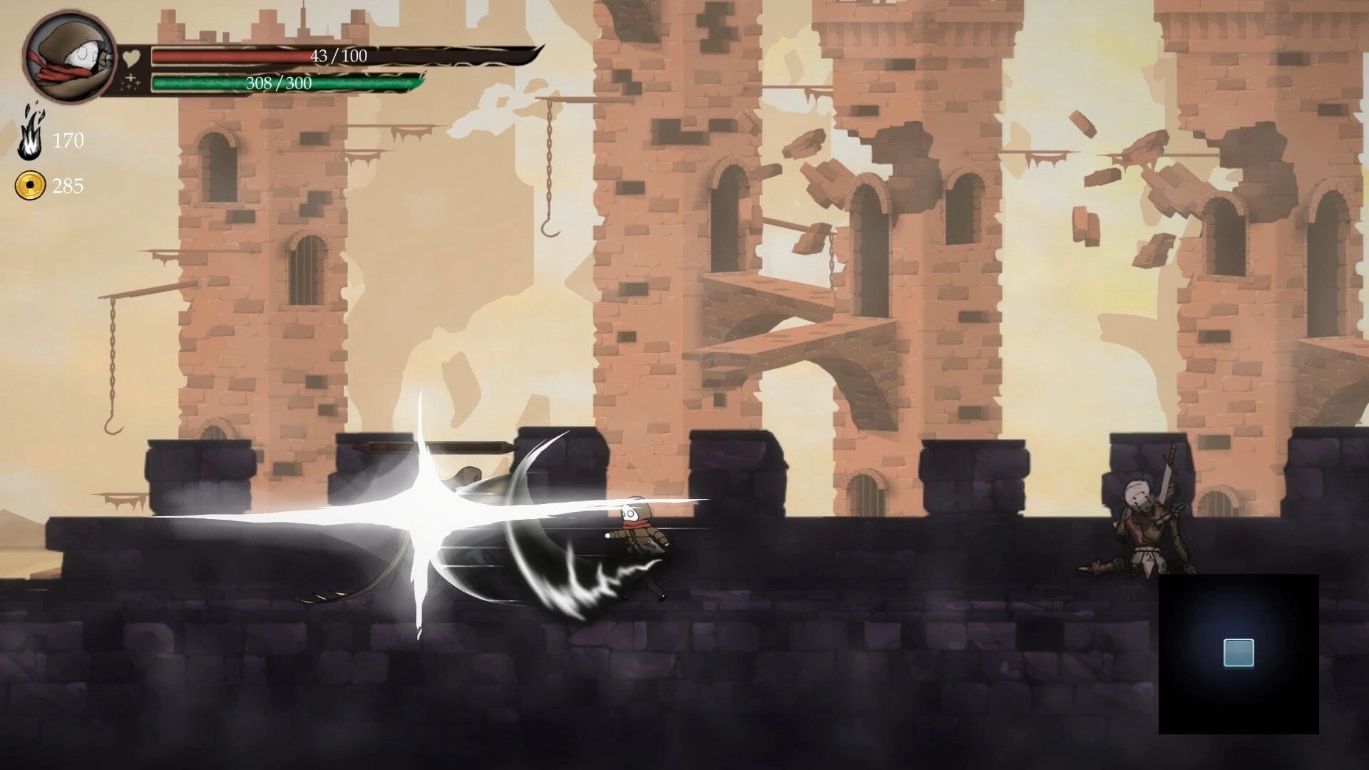 Lost Soul: Sword slash attack hits a skeleton guard on a ruined tower bridge with health bars UI.