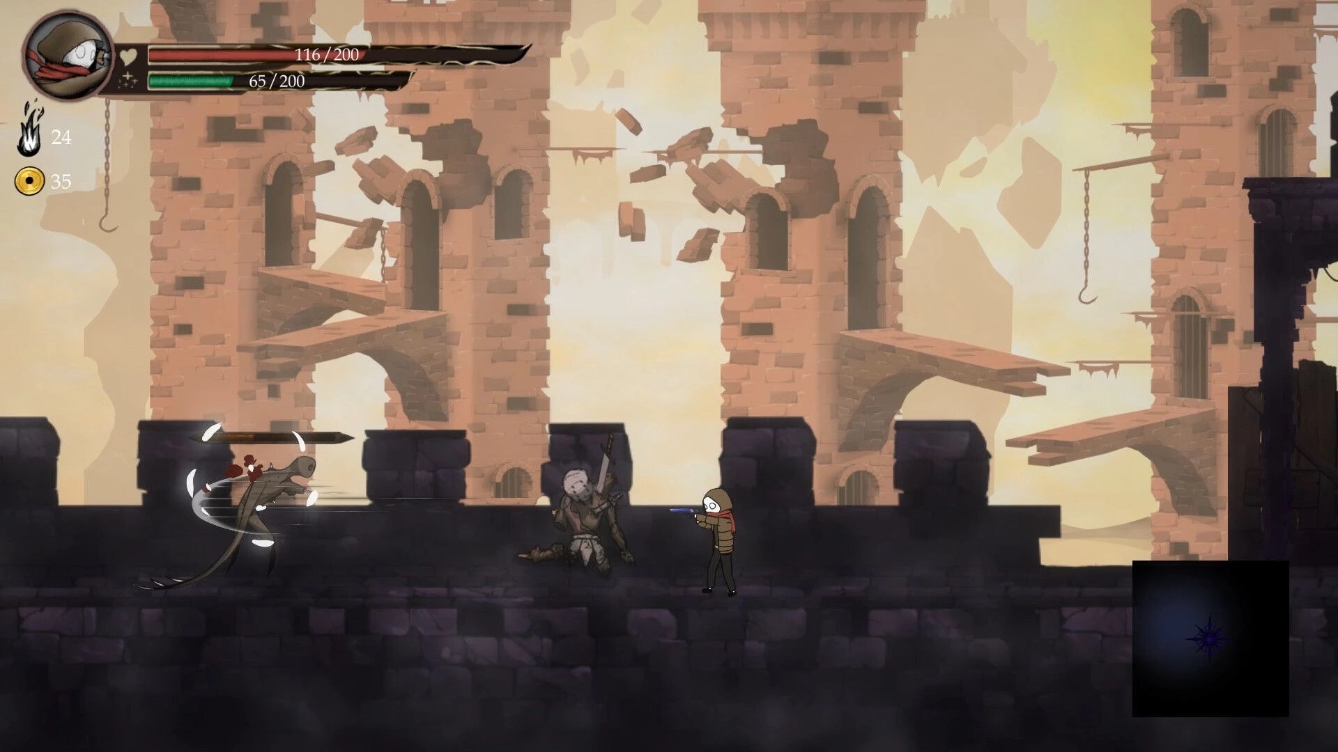Lost Soul: Hooded hero aims pistol at lizard foe on stone ramparts amid ruined tower arches UI visible.