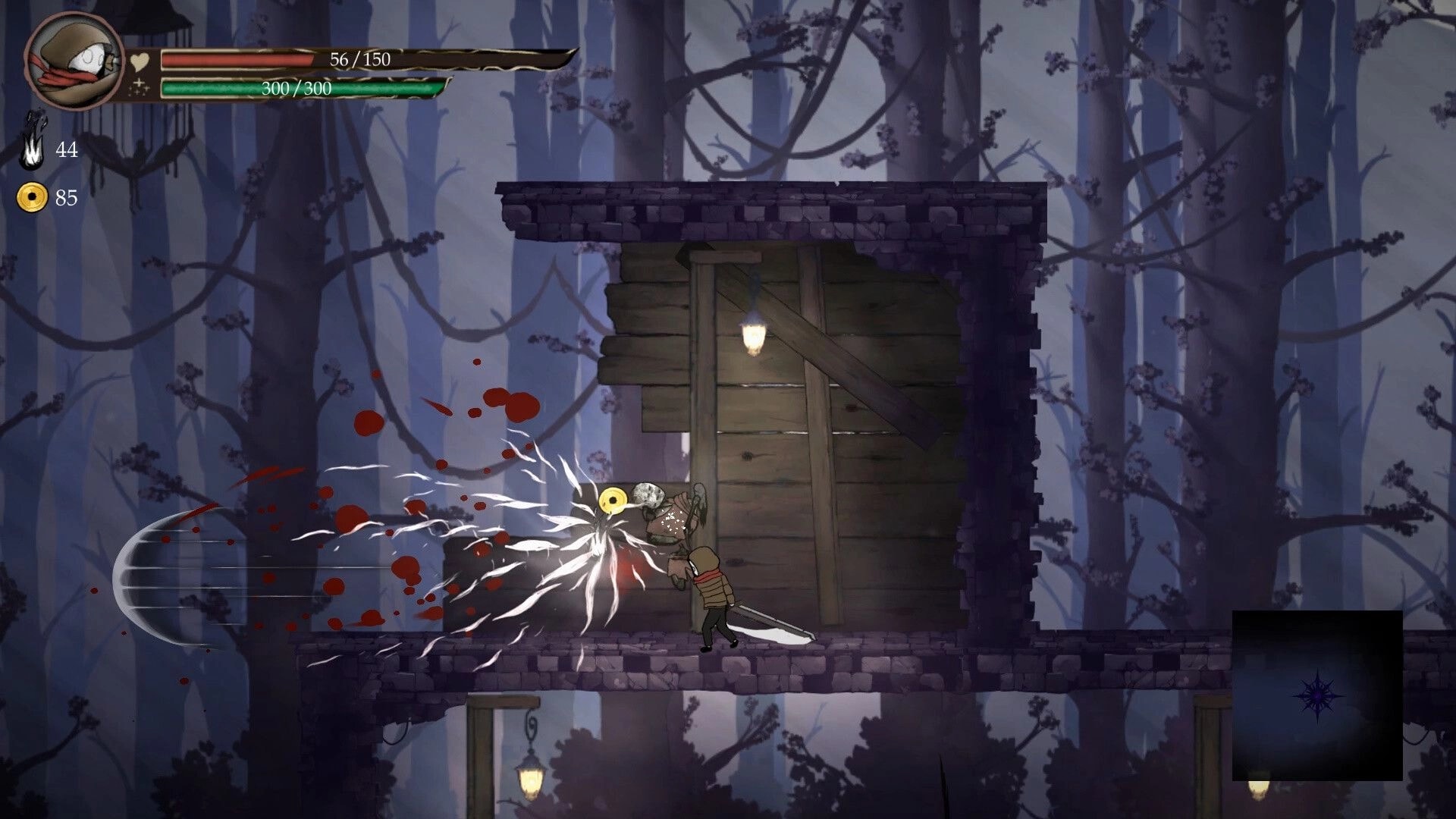 Lost Soul: Sword fighter slashes an enemy with blood effects on a wooden platform in misty forest tower.