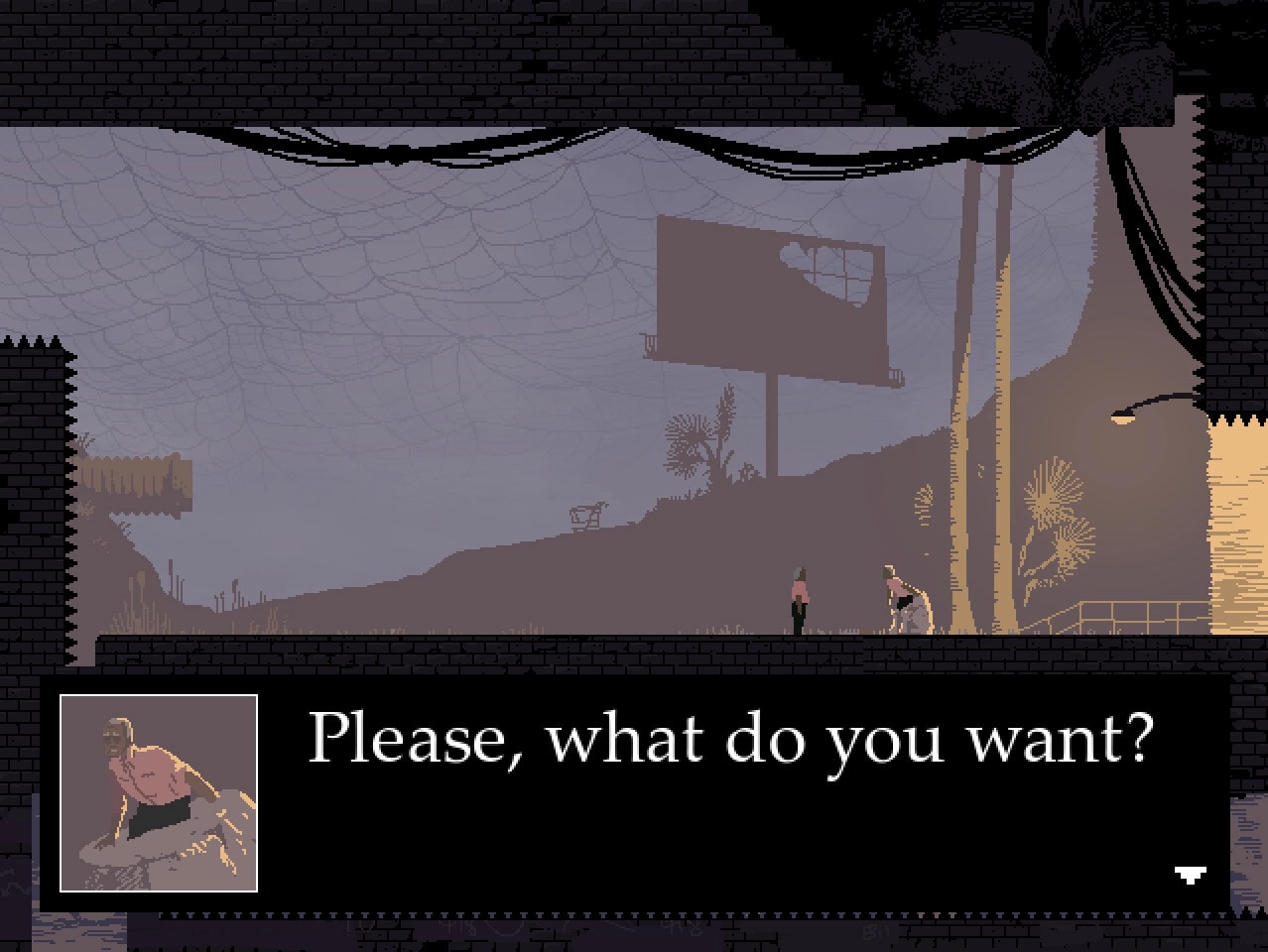 LOVE ETERNAL: Character encounter beneath cobwebbed ceiling in dim castle passageway with dialogue box.