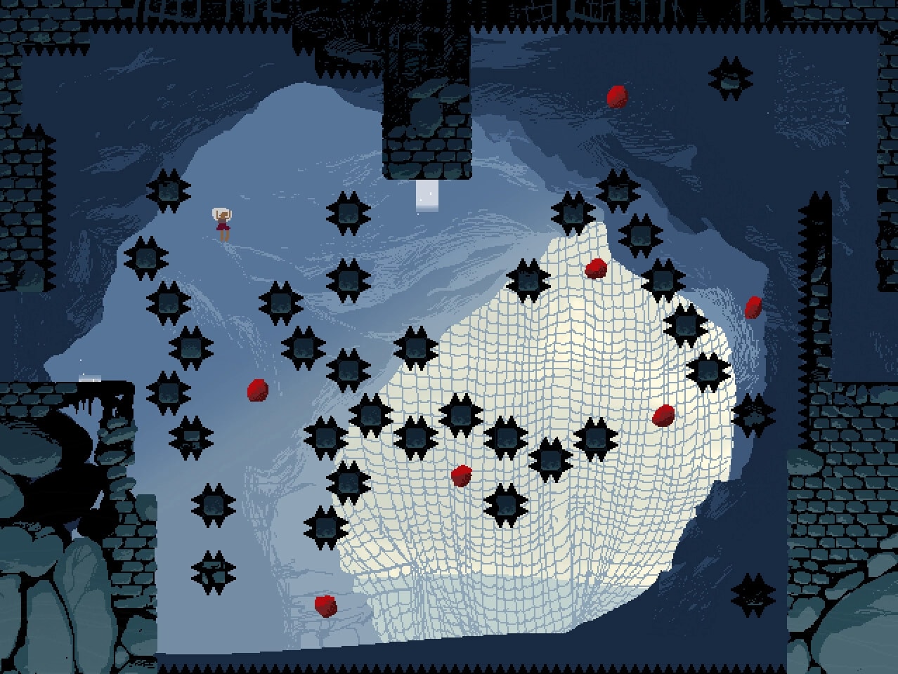 LOVE ETERNAL: Player navigates treacherous cave with spikes and red orbs against dark, foreboding walls