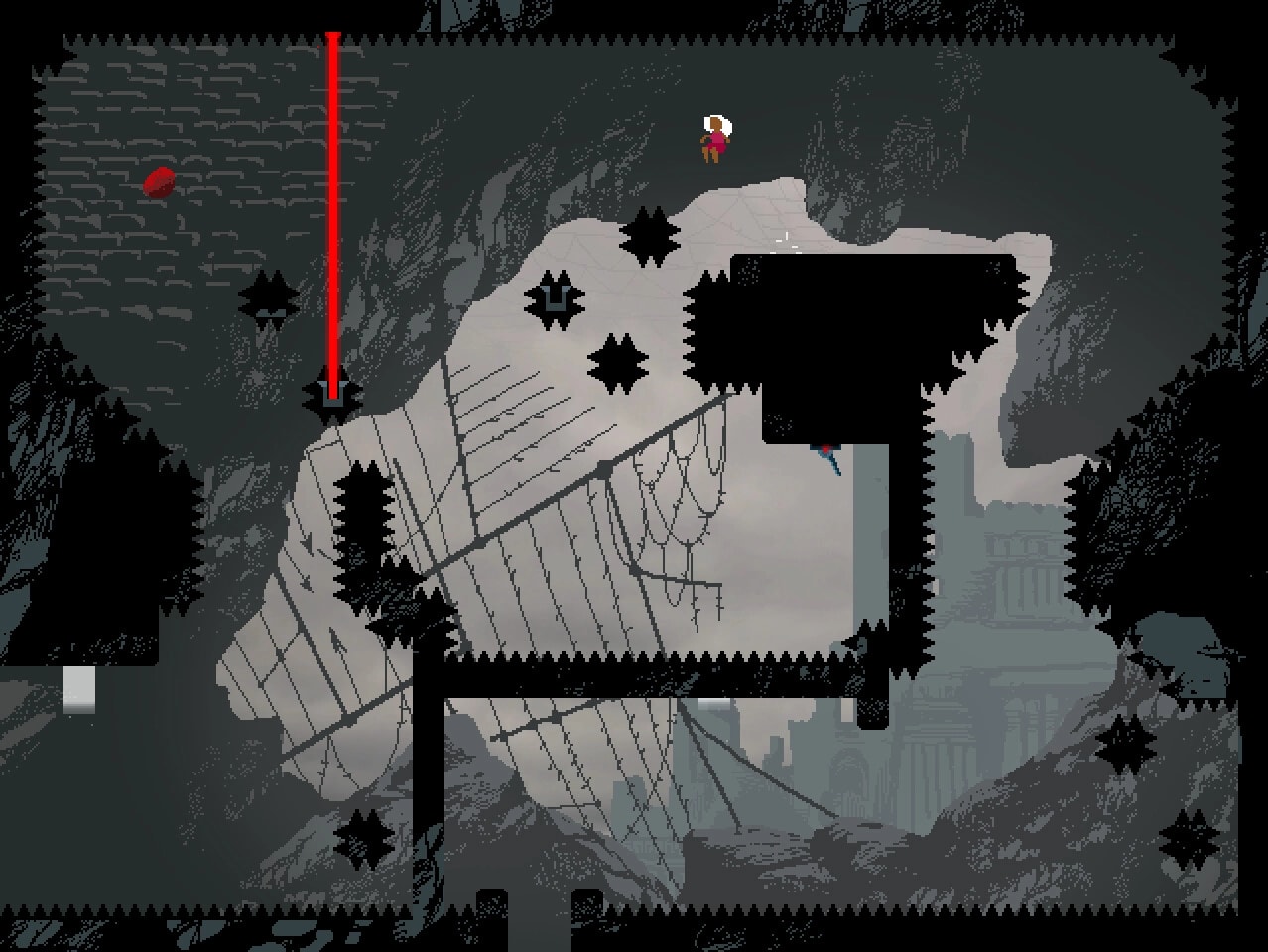 LOVE ETERNAL: Character jumps over spikes in a shadowy castle with cobwebs and ancient ruins.