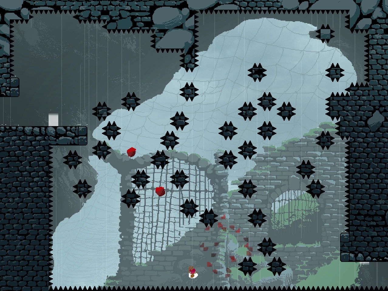 LOVE ETERNAL: Character navigates spike-filled ruins with cobwebs and stone walls in a castle setting