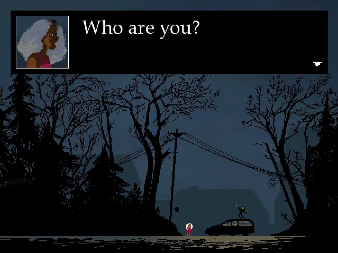 LOVE ETERNAL: Dialogue with character in forest setting, silhouette of person atop car under dark sky.