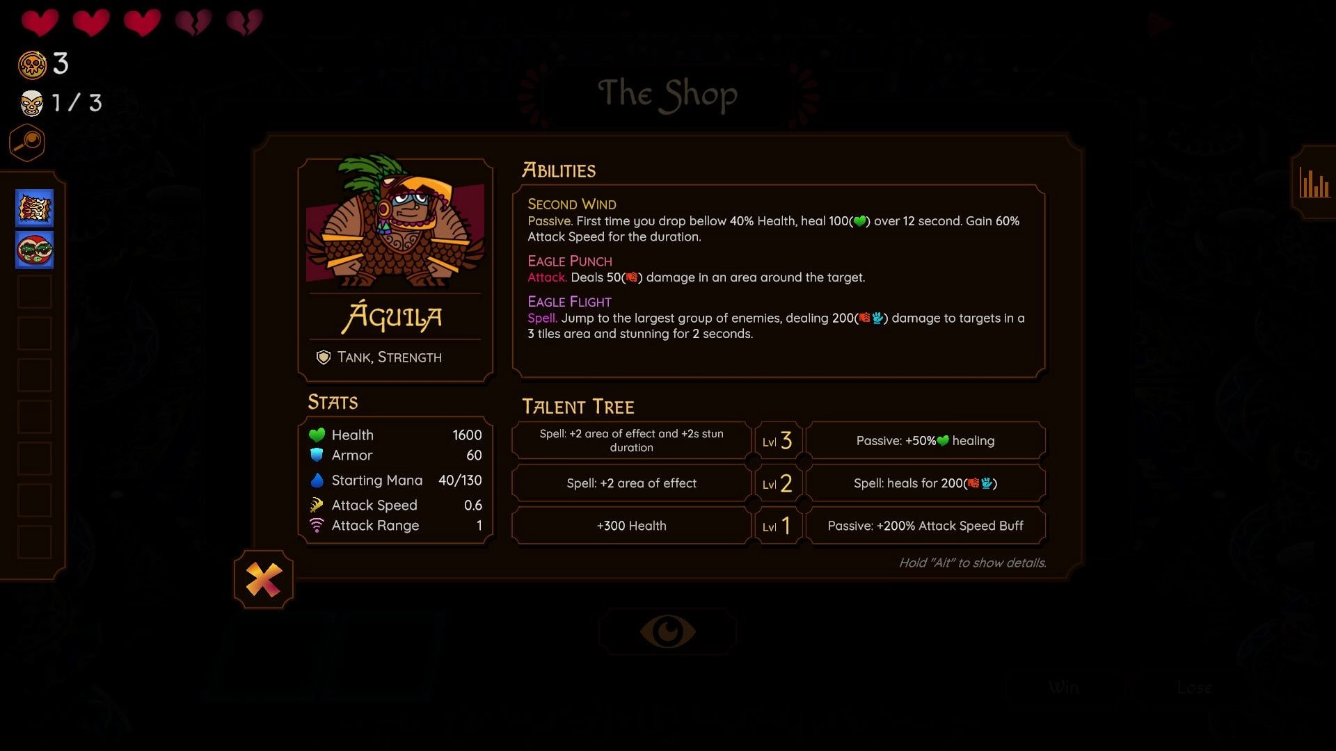 Lucha Chess: The Shop panel showing Aguila stats, abilities, and talent tree upgrades in UI menu.