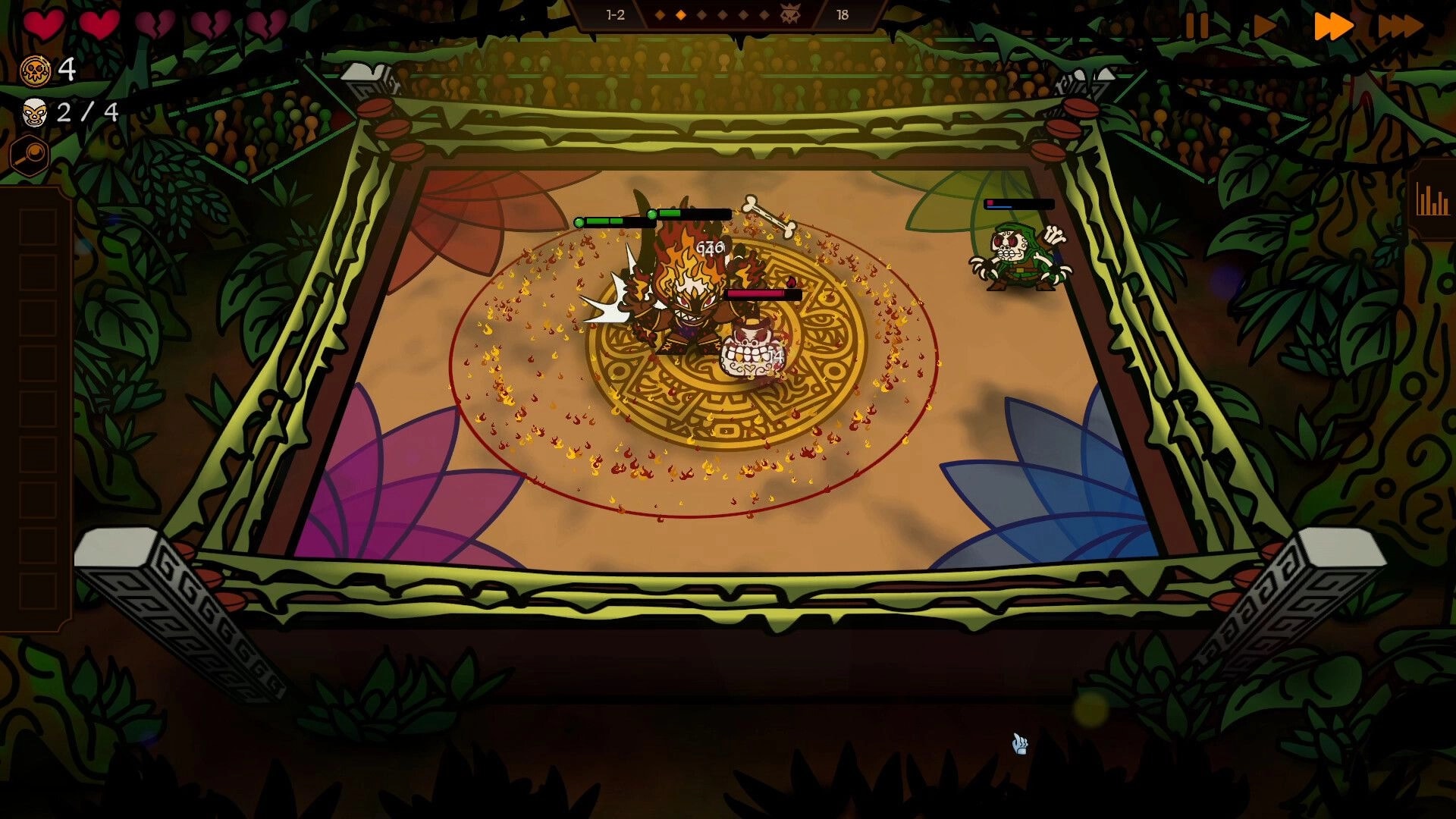 Lucha Chess: Fiery masked wrestler attacks in ring, damage numbers and health bars in jungle arena UI.